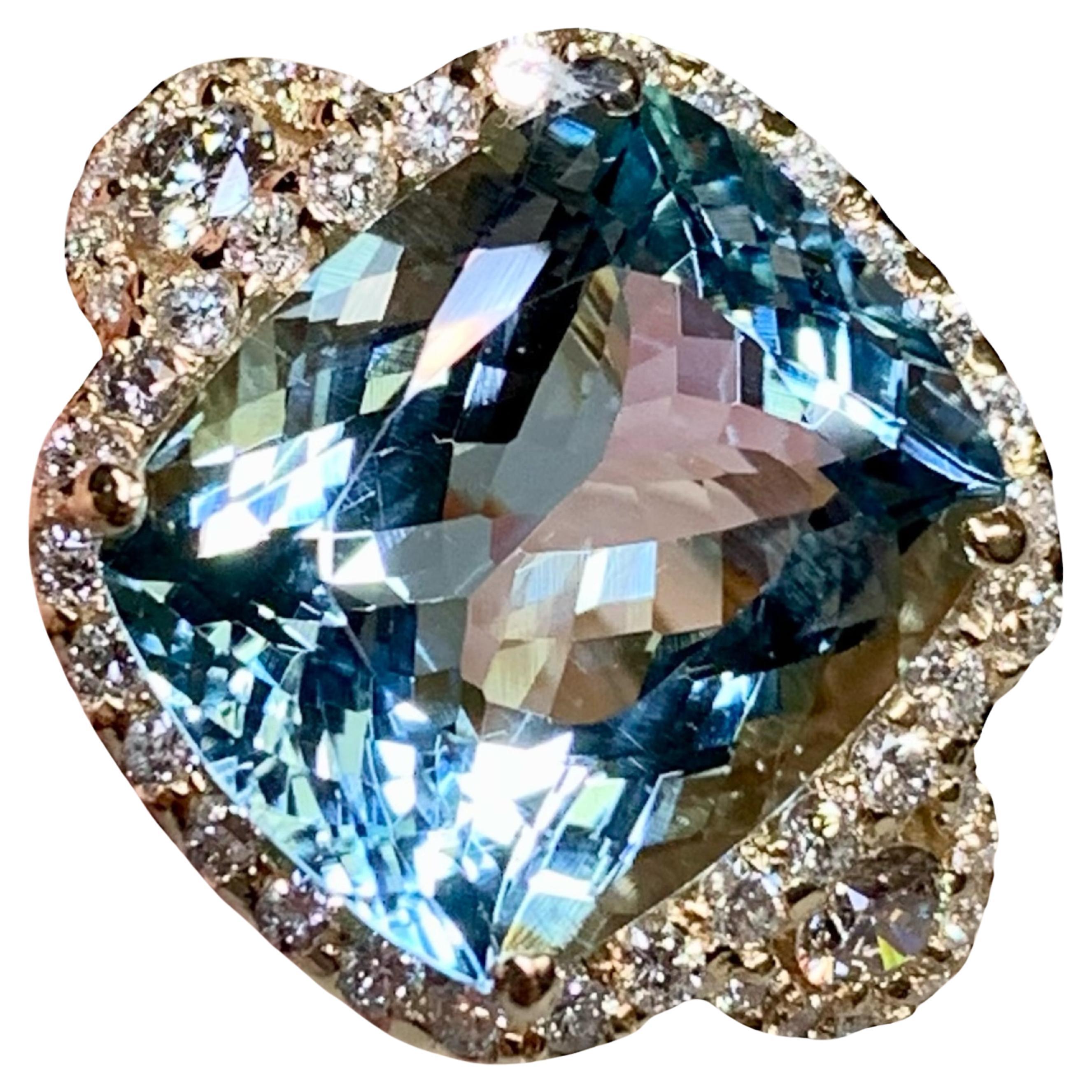 Estate 18K Yellow Gold Cushion Aquamarine Diamond Halo Cocktail Ring 14.52ctw