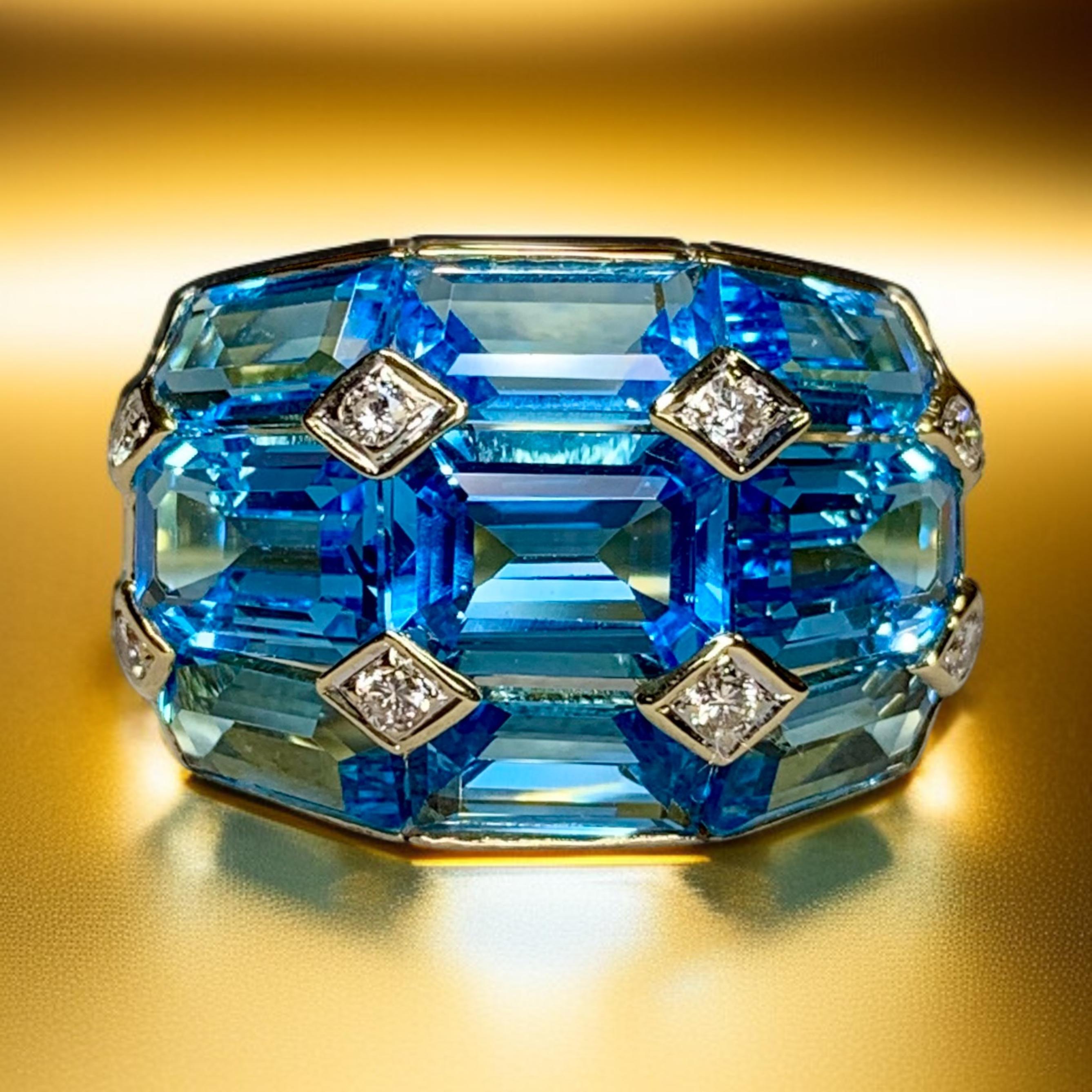 Bague de succession en or jaune 18 carats calibrée sur mesure avec topaze bleue et diamants 13,20 ctw Bon état - En vente à Winter Springs, FL