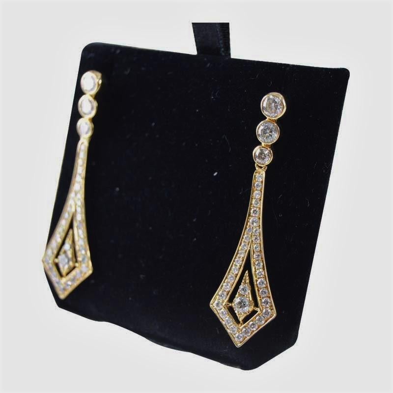 Contemporary Estate 18k Yellow Gold Custom Made Diamond Drop Earrings 2.47cts