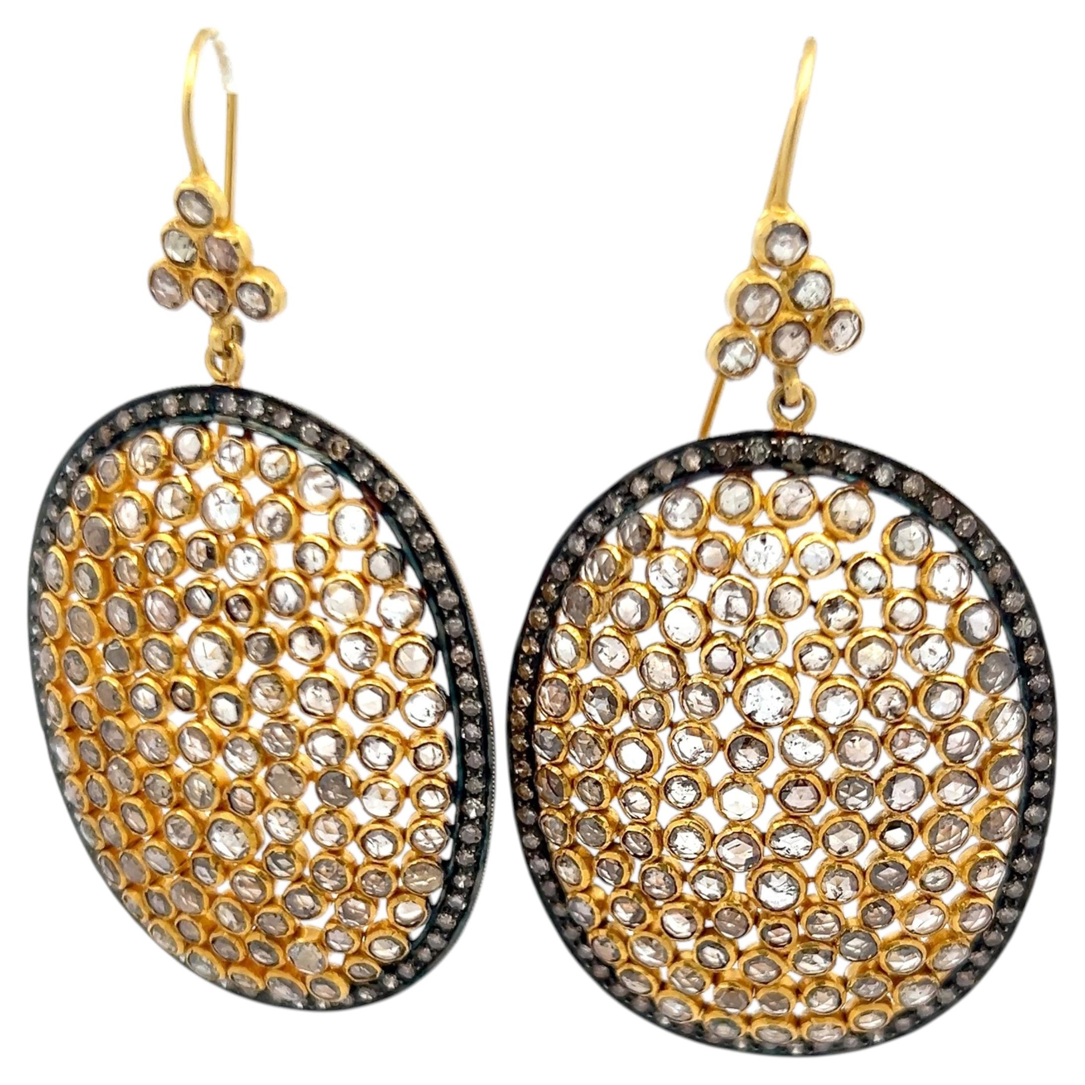 Estate 18K Yellow Gold Dangling Earrings with 7.32ct Round & Rose Cut Diamonds For Sale