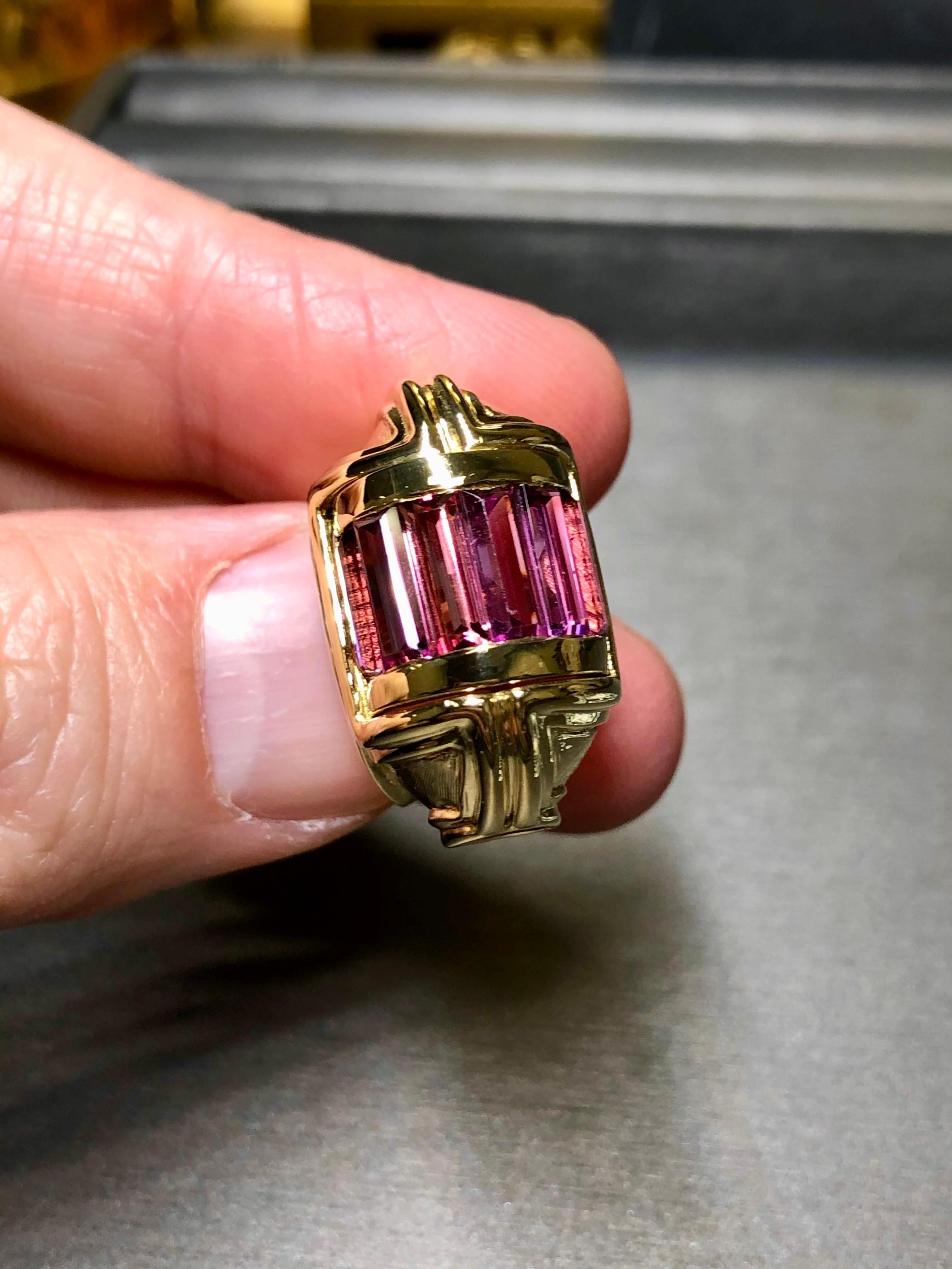Women's or Men's Estate 18K Yellow Gold Designer Tourmaline Textured Dome Cocktail Ring 11cttw For Sale