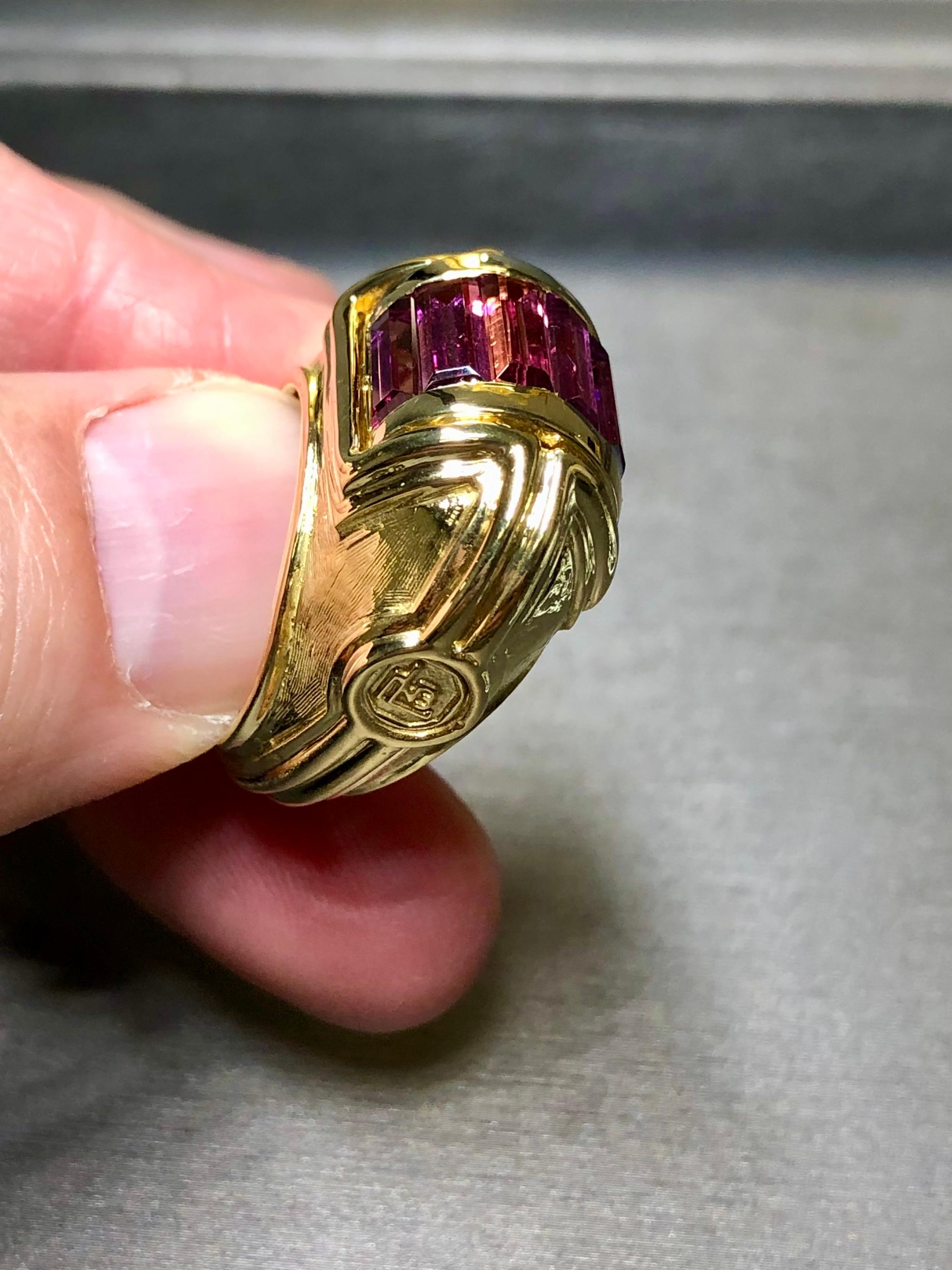Estate 18K Yellow Gold Designer Tourmaline Textured Dome Cocktail Ring 11cttw For Sale 1