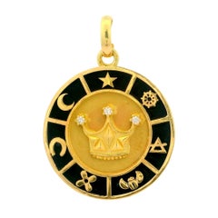 Estate 18k Yellow Gold Diamond Crown w/ Black Enamel Nautical Medallion Pendant