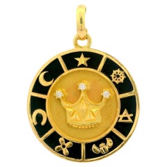 Estate 18k Yellow Gold Diamond Crown w/ Black Enamel Nautical Medallion Pendant