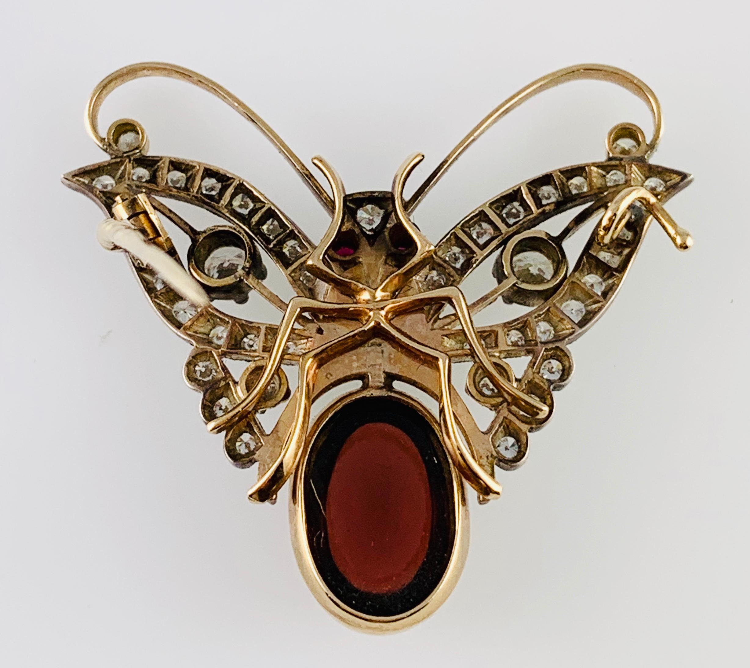 Estate 18 Karat Yellow Gold Diamond Garnet and Ruby Butterfly Brooch Pin 1