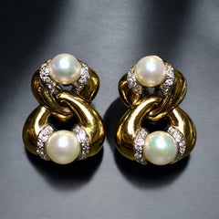 Estate 18K Yellow Gold Diamond Pearl Interlocking Omega Back Huggie Earrings