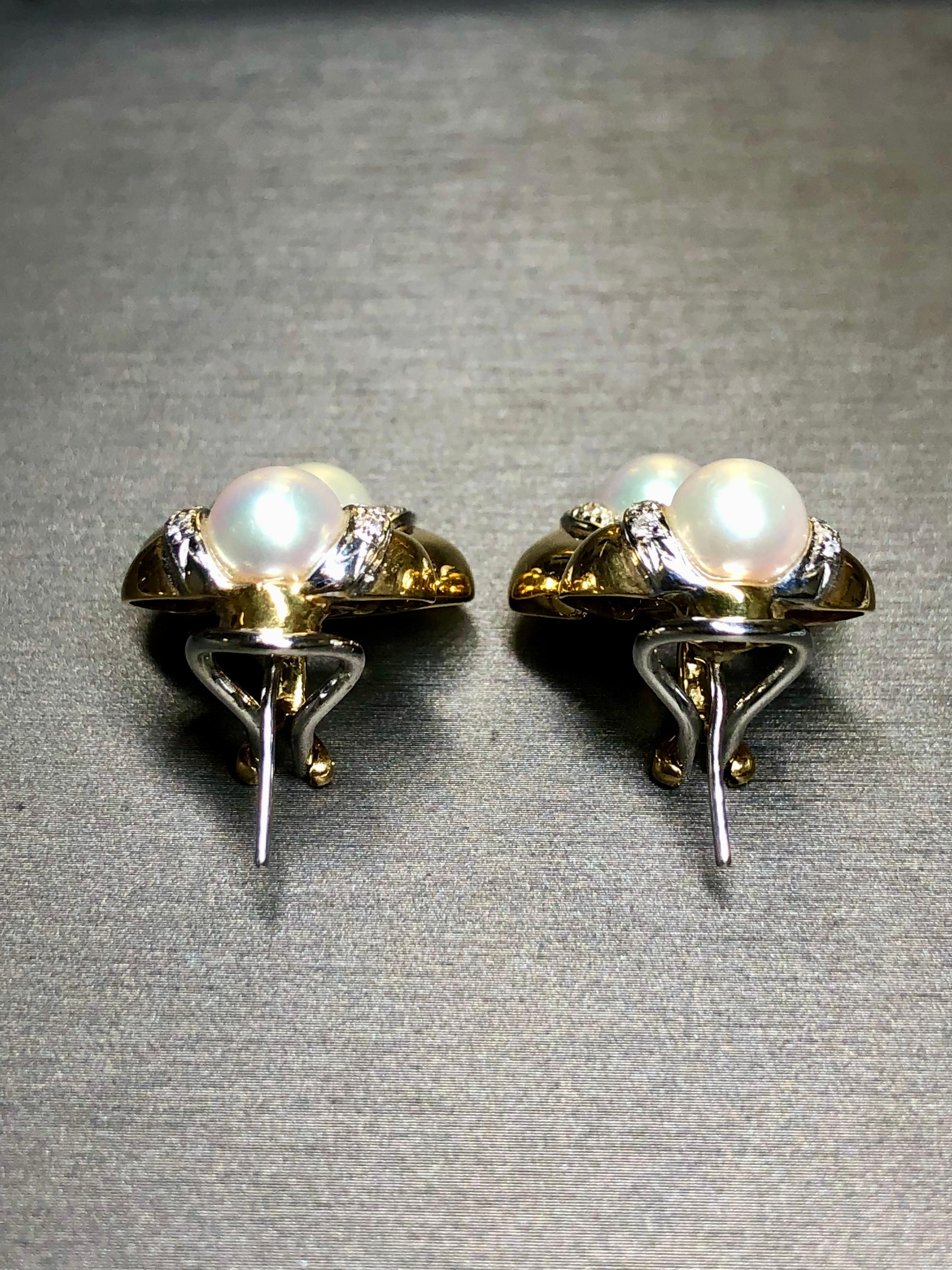 Round Cut Estate 18K Yellow Gold Diamond Pearl Interlocking Omega Back Huggie Earrings For Sale