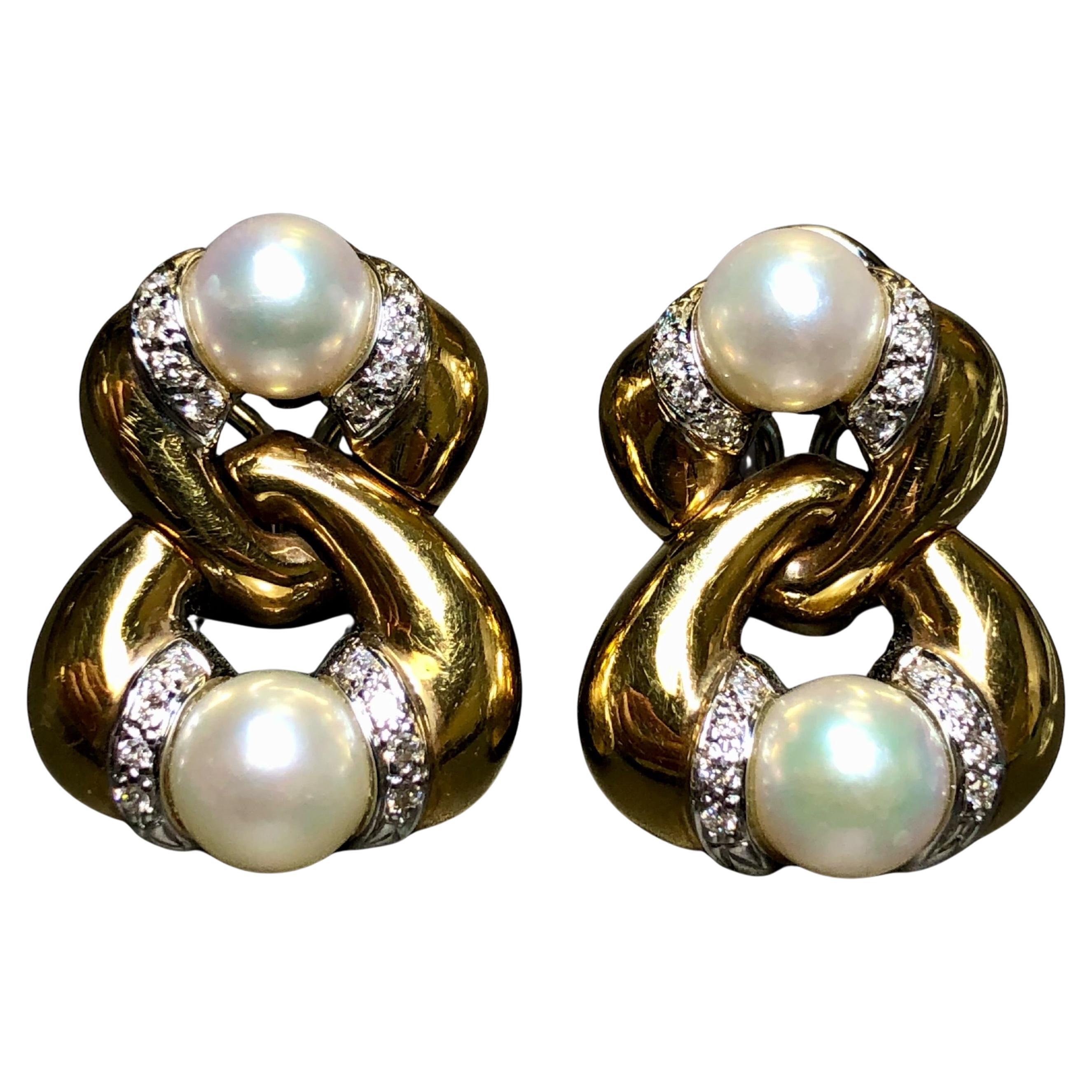 Estate 18K Yellow Gold Diamond Pearl Interlocking Omega Back Huggie Earrings