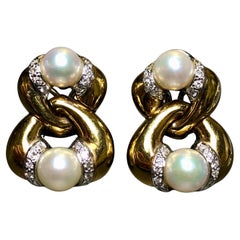 Estate 18K Yellow Gold Diamond Pearl Interlocking Omega Back Huggie Earrings