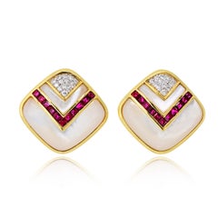 Estate 18K Yellow Gold Diamond, Ruby And Mother Of Pearl Earrings