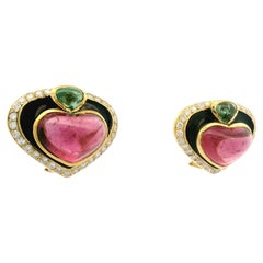 Estate 18k Yellow Gold Diamond Tourmaline 
Black Enamel Work Heart Earrings
