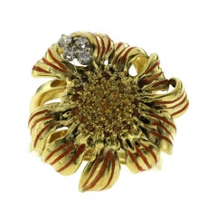 Estate 18 Karat Yellow Gold Diamonds and Citrine with Enamel Flower Ring