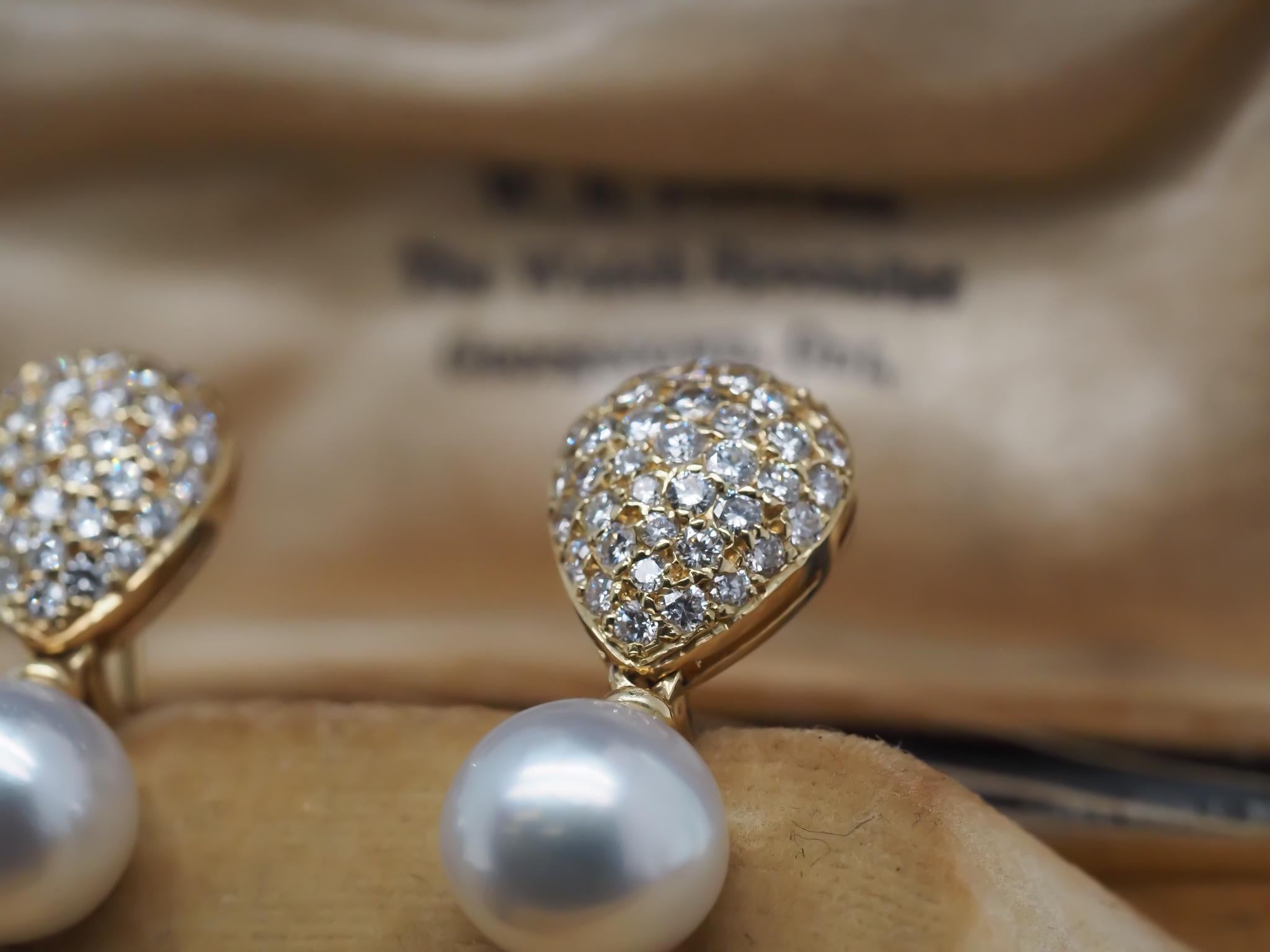 Estate 18K Yellow Gold Drop Earrings with Diamonds and Pearls For Sale 5
