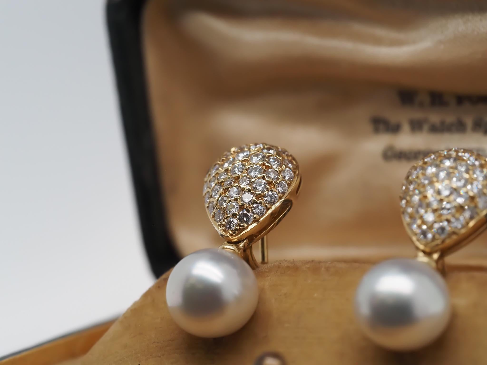 Brilliant Cut Estate 18K Yellow Gold Drop Earrings with Diamonds and Pearls For Sale