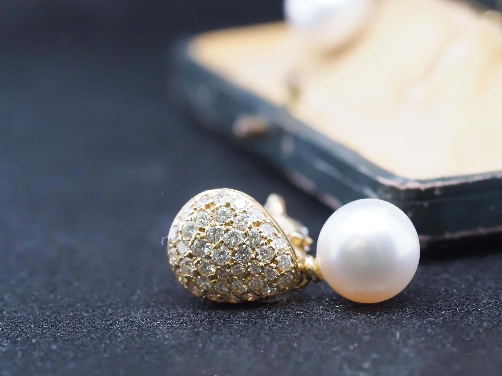 Women's Estate 18K Yellow Gold Drop Earrings with Diamonds and Pearls For Sale