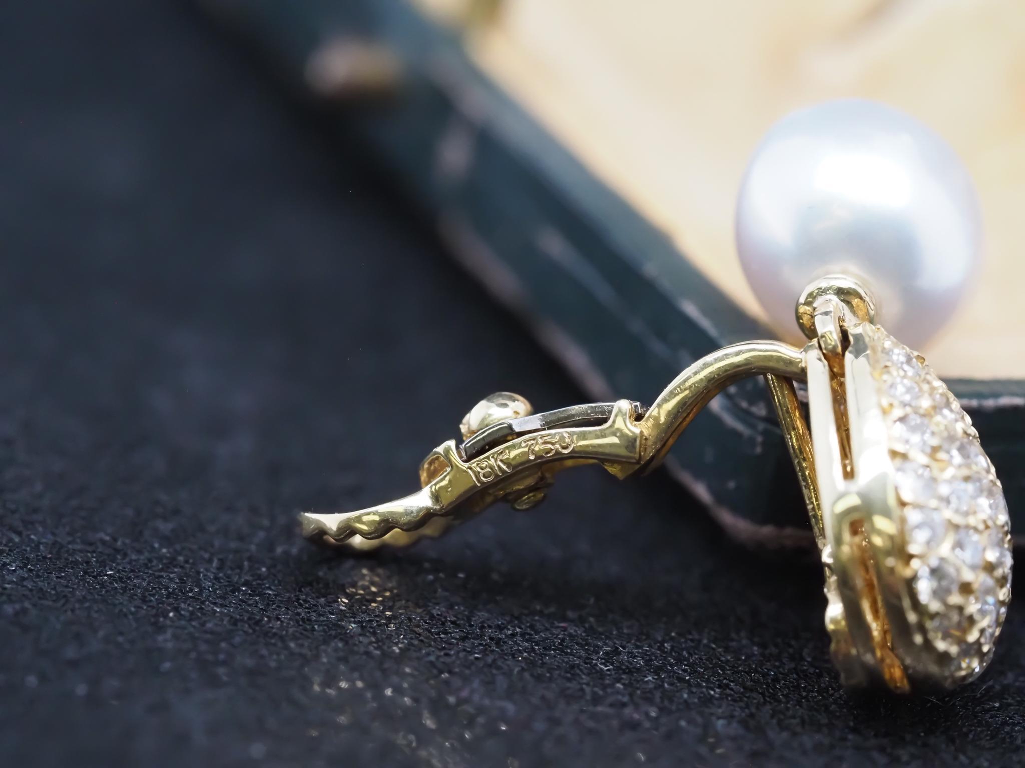 Estate 18K Yellow Gold Drop Earrings with Diamonds and Pearls For Sale 1