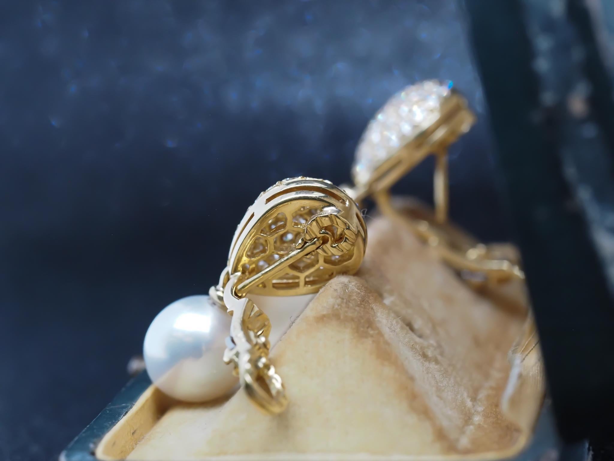 Estate 18K Yellow Gold Drop Earrings with Diamonds and Pearls For Sale 2