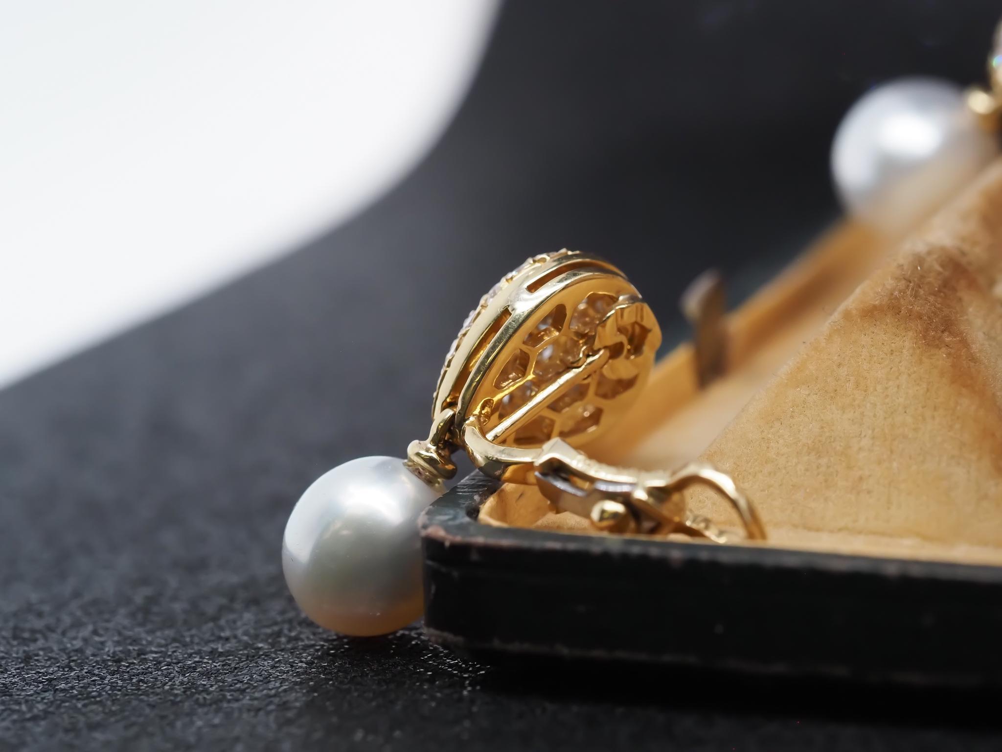 Estate 18K Yellow Gold Drop Earrings with Diamonds and Pearls For Sale 4