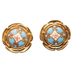 Estate 18K Yellow Gold Elizabeth Gage Enamel Painting Earrings - VHK#467a