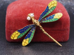 Estate 18K Yellow Gold Enamel Dragonfly Brooch with Enamel and Pearl - VHK#140C