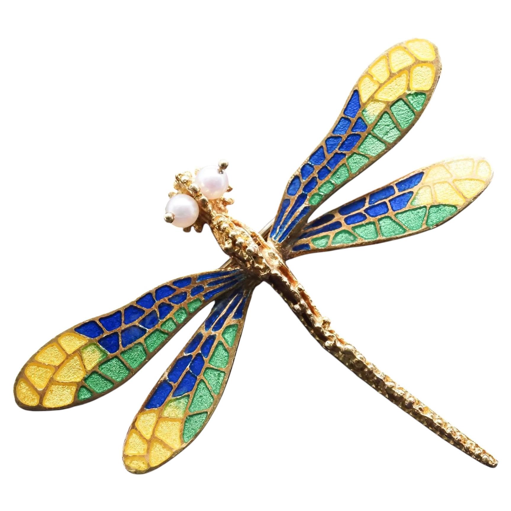 Estate 18K Yellow Gold Enamel Dragonfly Brooch with Enamel and Pearl - VHK#140C