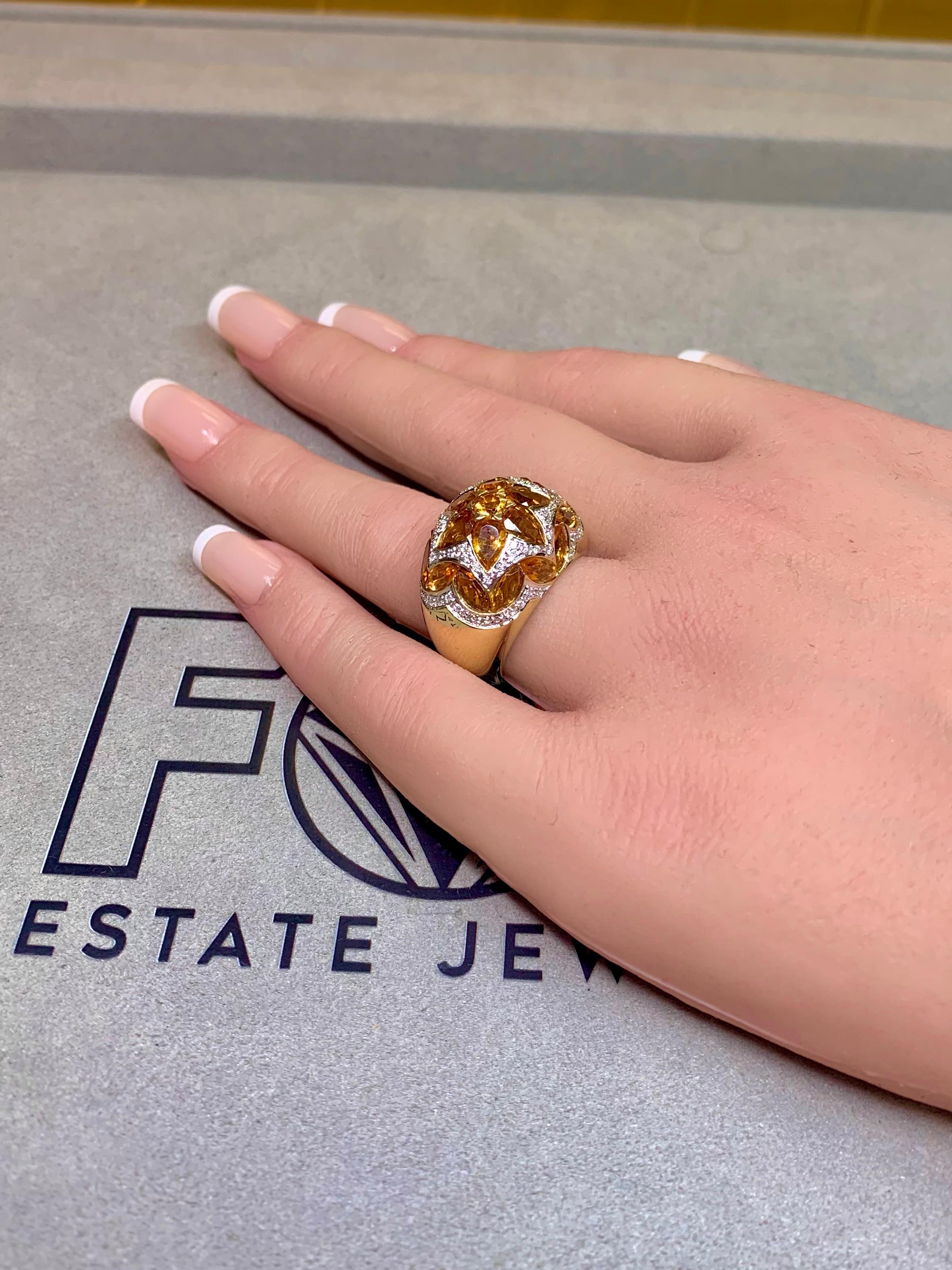 Estate 18K Gelbgold Fancy Citrin Diamant Mosaik gewölbt Cocktail Ring 7ctw im Angebot 4