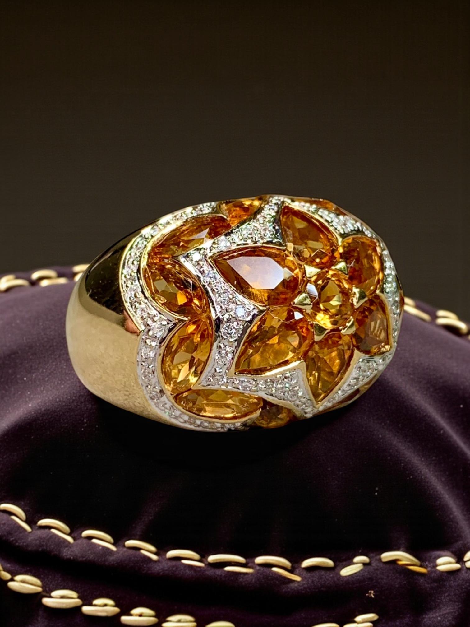 Estate 18K Gelbgold Fancy Citrin Diamant Mosaik gewölbt Cocktail Ring 7ctw im Angebot 7