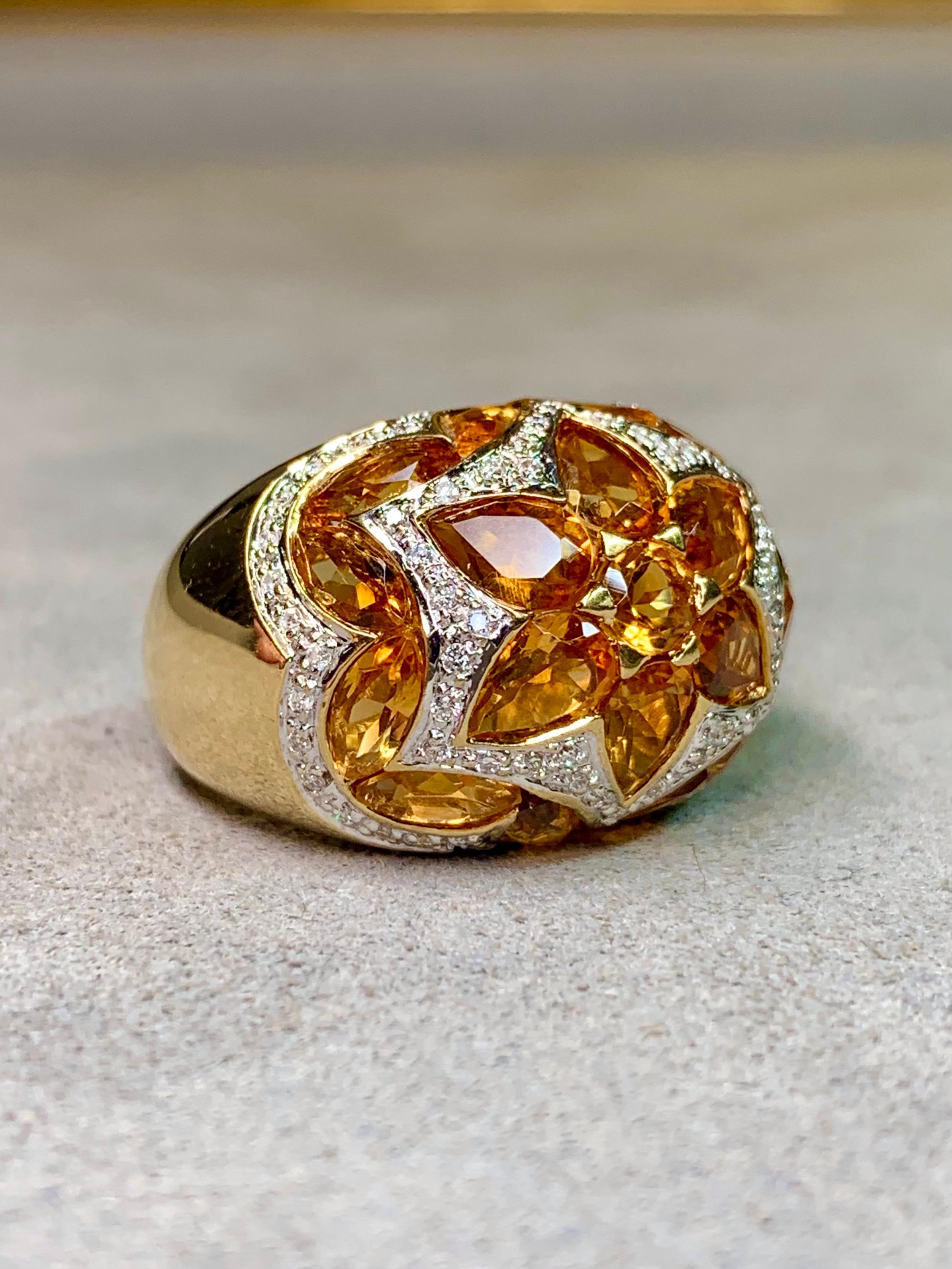 Estate 18K Gelbgold Fancy Citrin Diamant Mosaik gewölbt Cocktail Ring 7ctw (Tropfenschliff) im Angebot