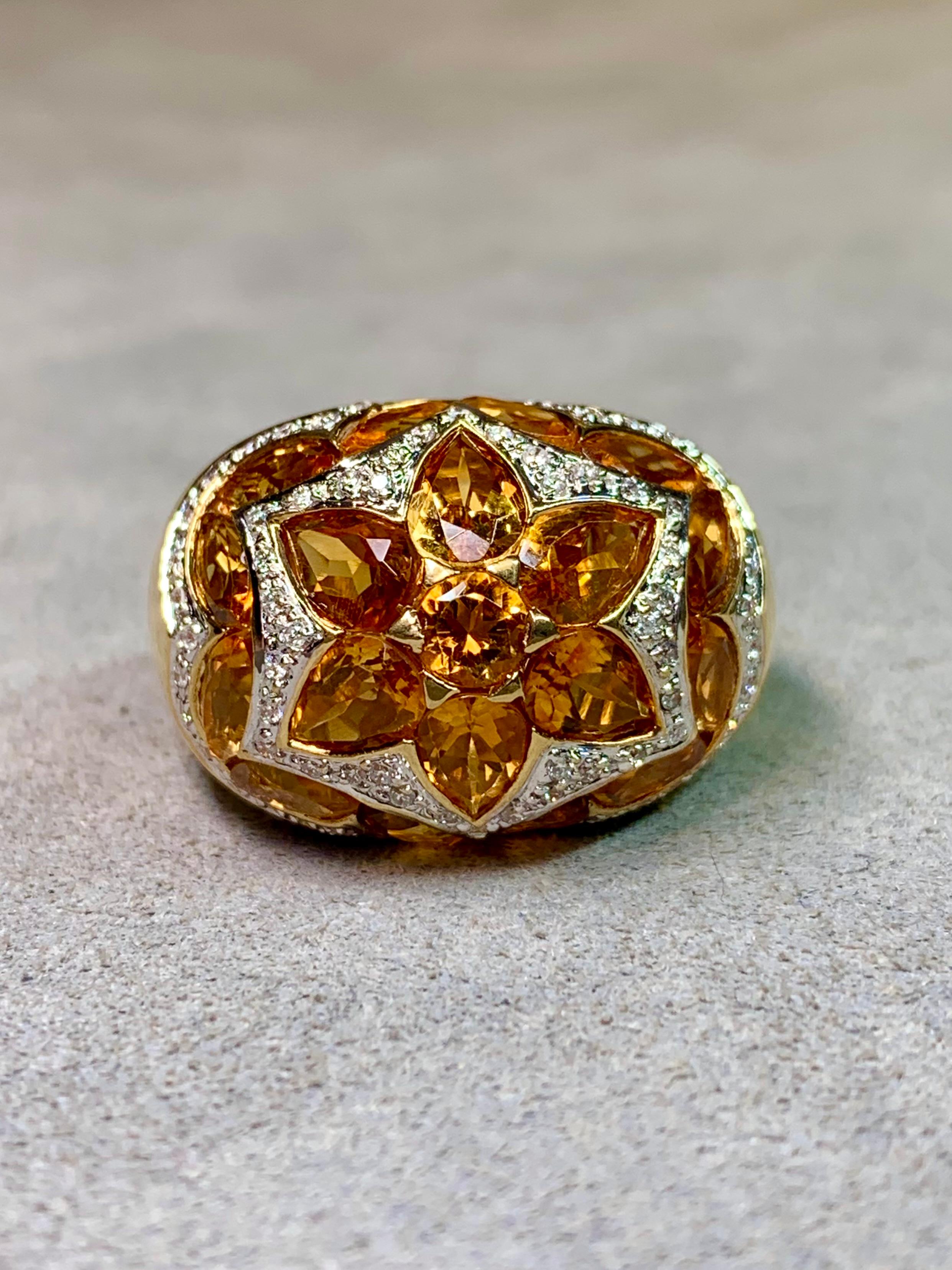 Estate 18K Gelbgold Fancy Citrin Diamant Mosaik gewölbt Cocktail Ring 7ctw im Zustand „Hervorragend“ im Angebot in Winter Springs, FL