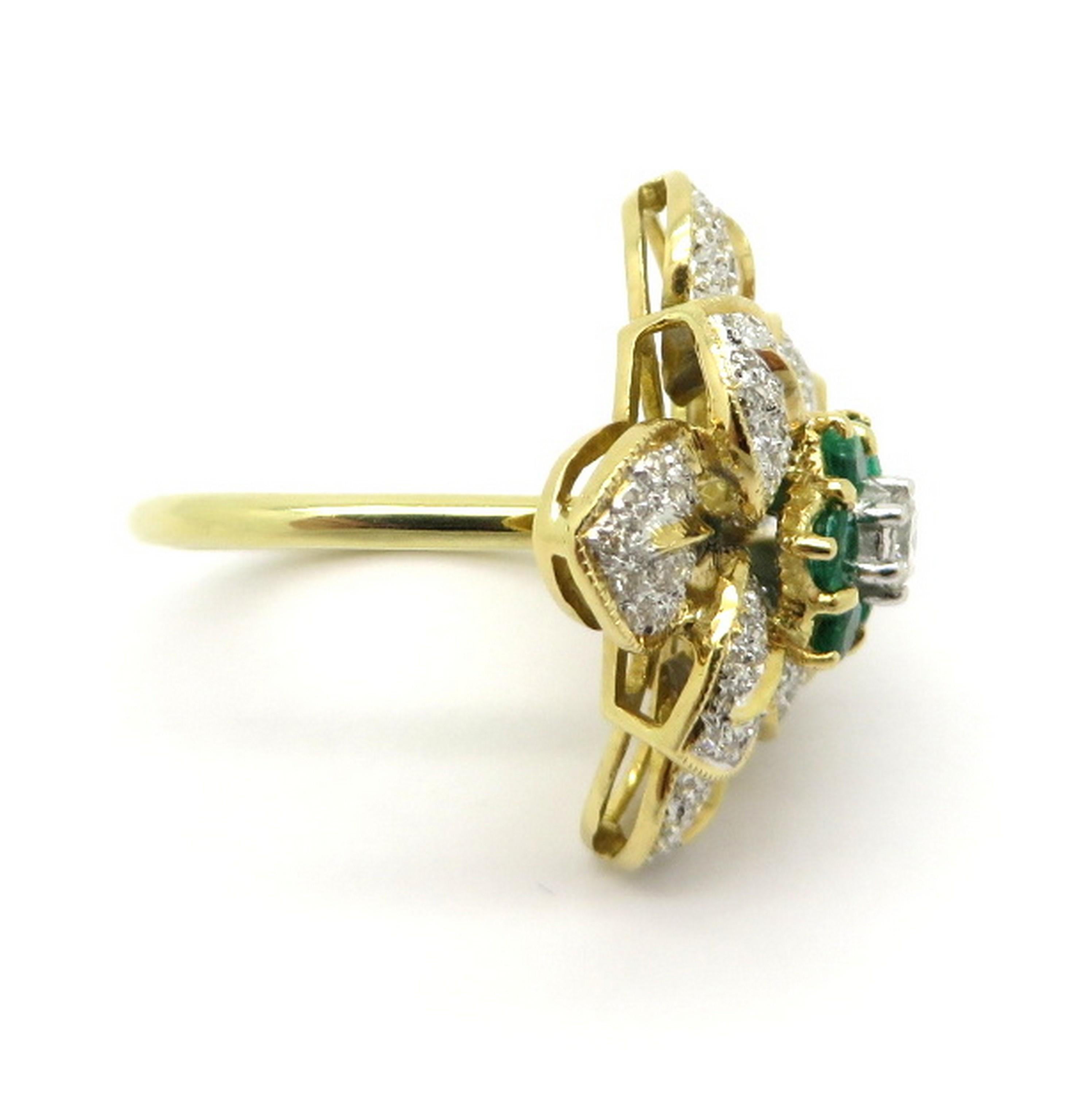 Estate 18 Karat Yellow Gold Flower Emerald and Diamond Fashion Ring In Excellent Condition In Scottsdale, AZ