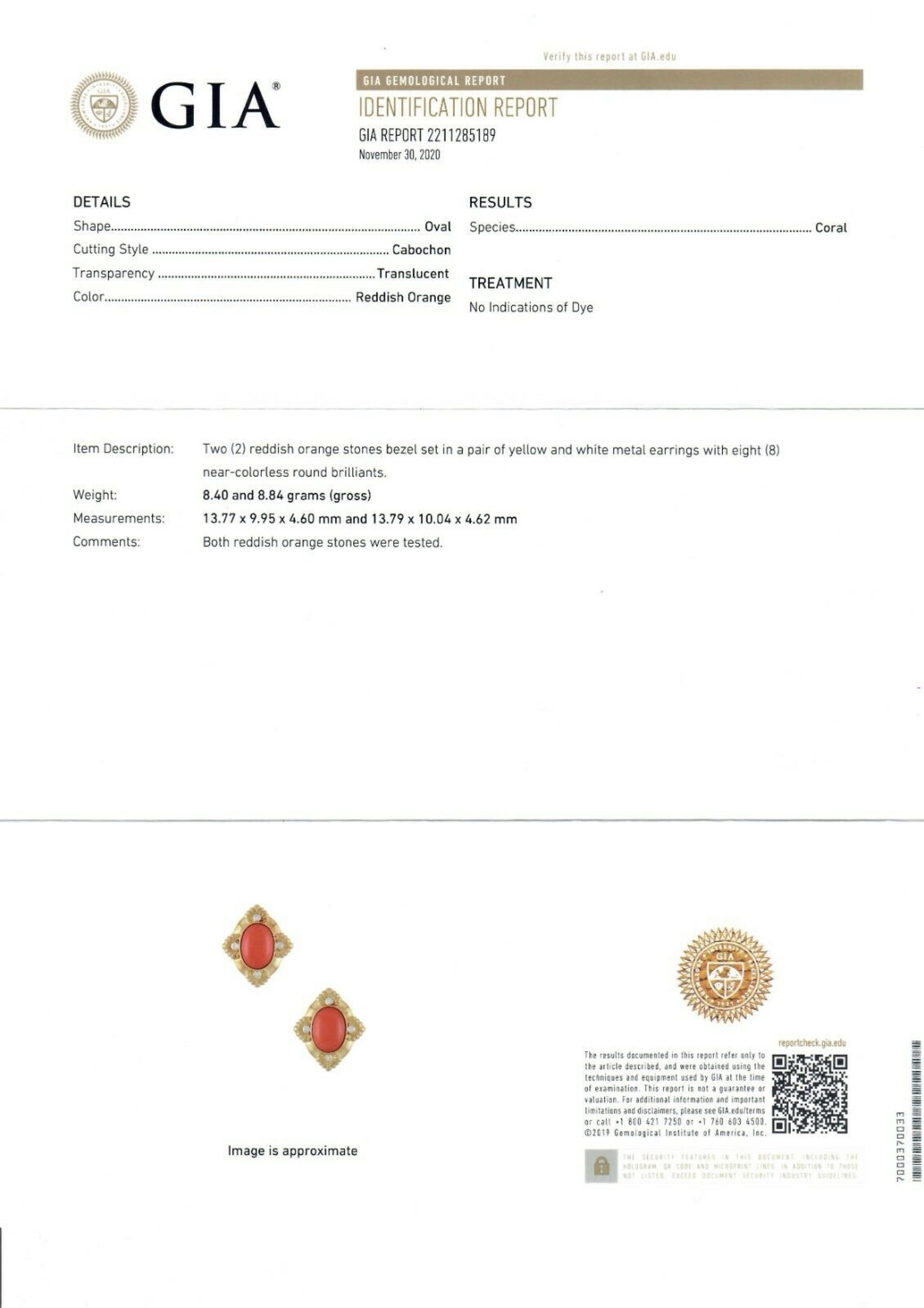 Orecchini a clip Omega in oro giallo 18 carati GIA con corallo cabochon ovale e diamante in vendita 3