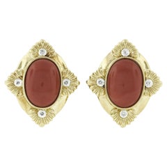Estate 18k Yellow Gold GIA Oval Cabochon Coral & Diamond Omega Clip On Earrings