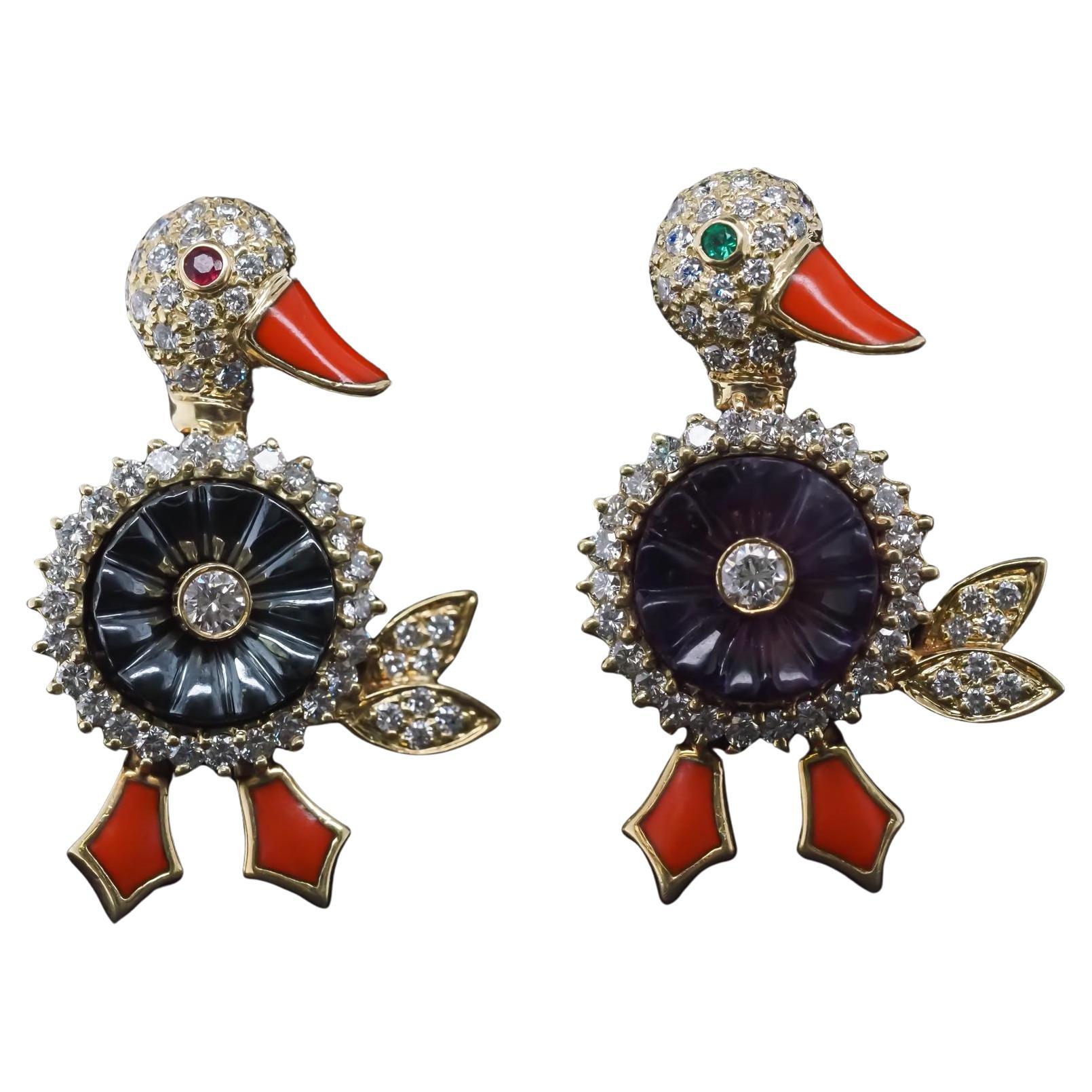 Estate 18K Yellow Gold HAMMERMAN Brothers PAIR of Duck Brooches - VHK#986