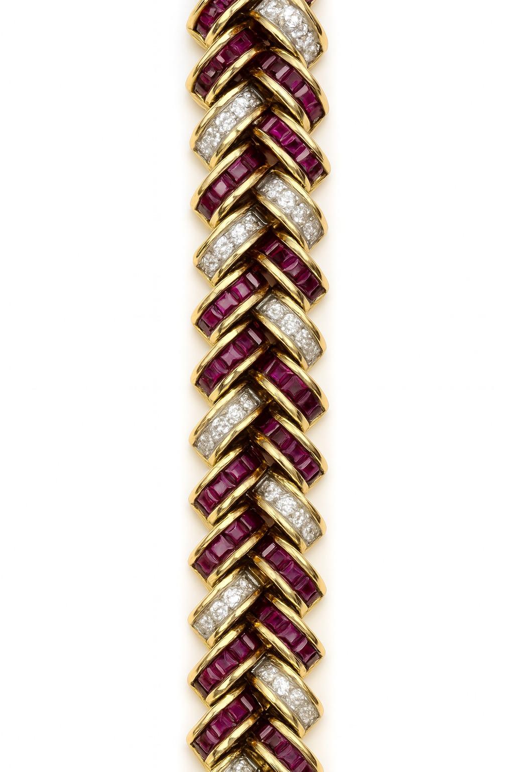 Estate 18K Gelbgold Fischgrätenarmband mit Rubinen im Kaliberschliff im Zustand „Hervorragend“ im Angebot in Chicago, IL