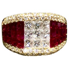 Estate 18K Yellow Gold Invisible Set Ruby Princess Diamond Cocktail Ring 7.45ctw