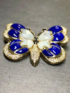 Estate 18K Yellow Gold Lapis Diamond Sapphire MOP  Butterfly Brooch Pin