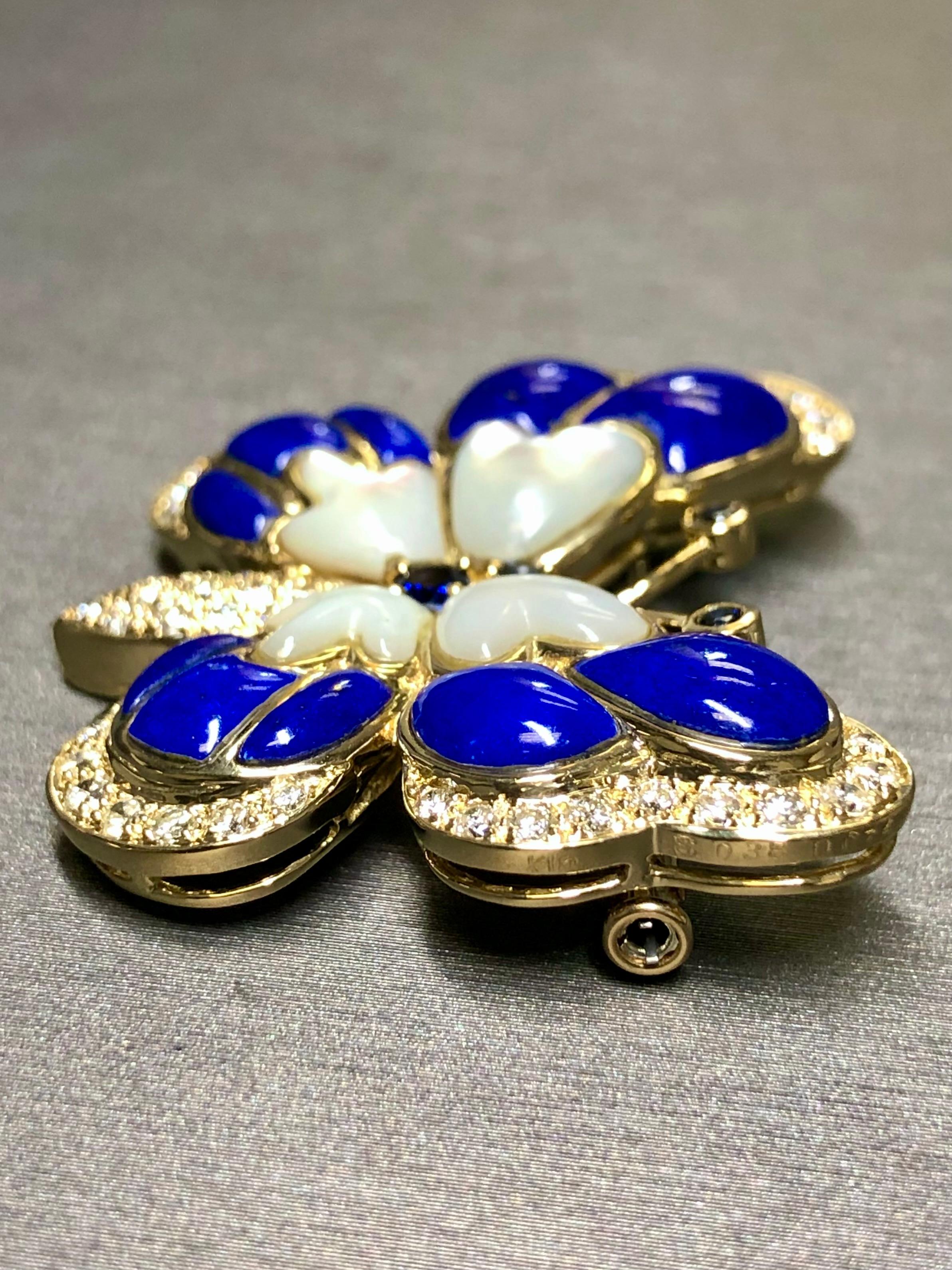Contemporary Estate 18K Yellow Gold Lapis Diamond Sapphire MOP  Butterfly Brooch Pin For Sale