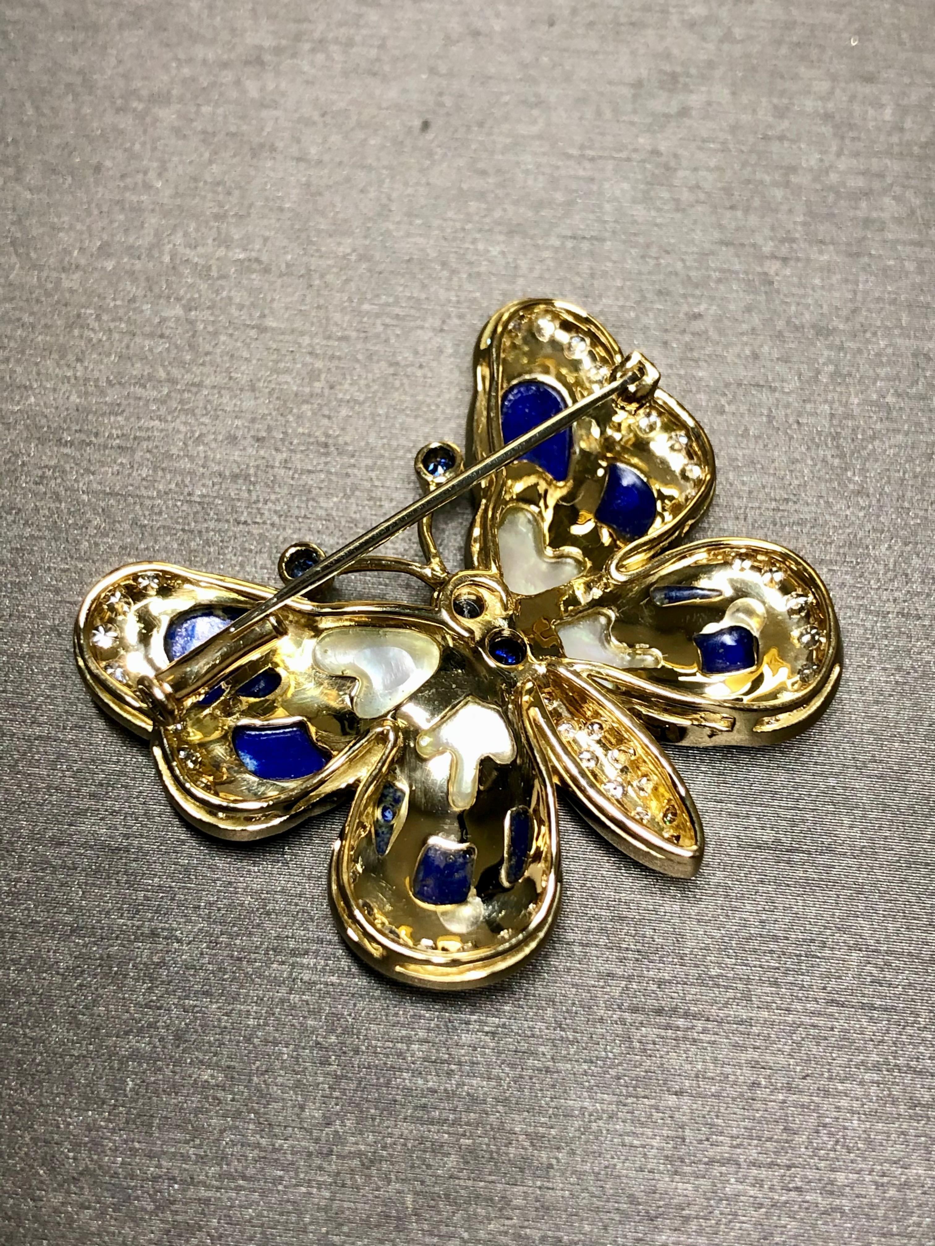 Estate 18K Yellow Gold Lapis Diamond Sapphire MOP  Butterfly Brooch Pin In Good Condition For Sale In Winter Springs, FL