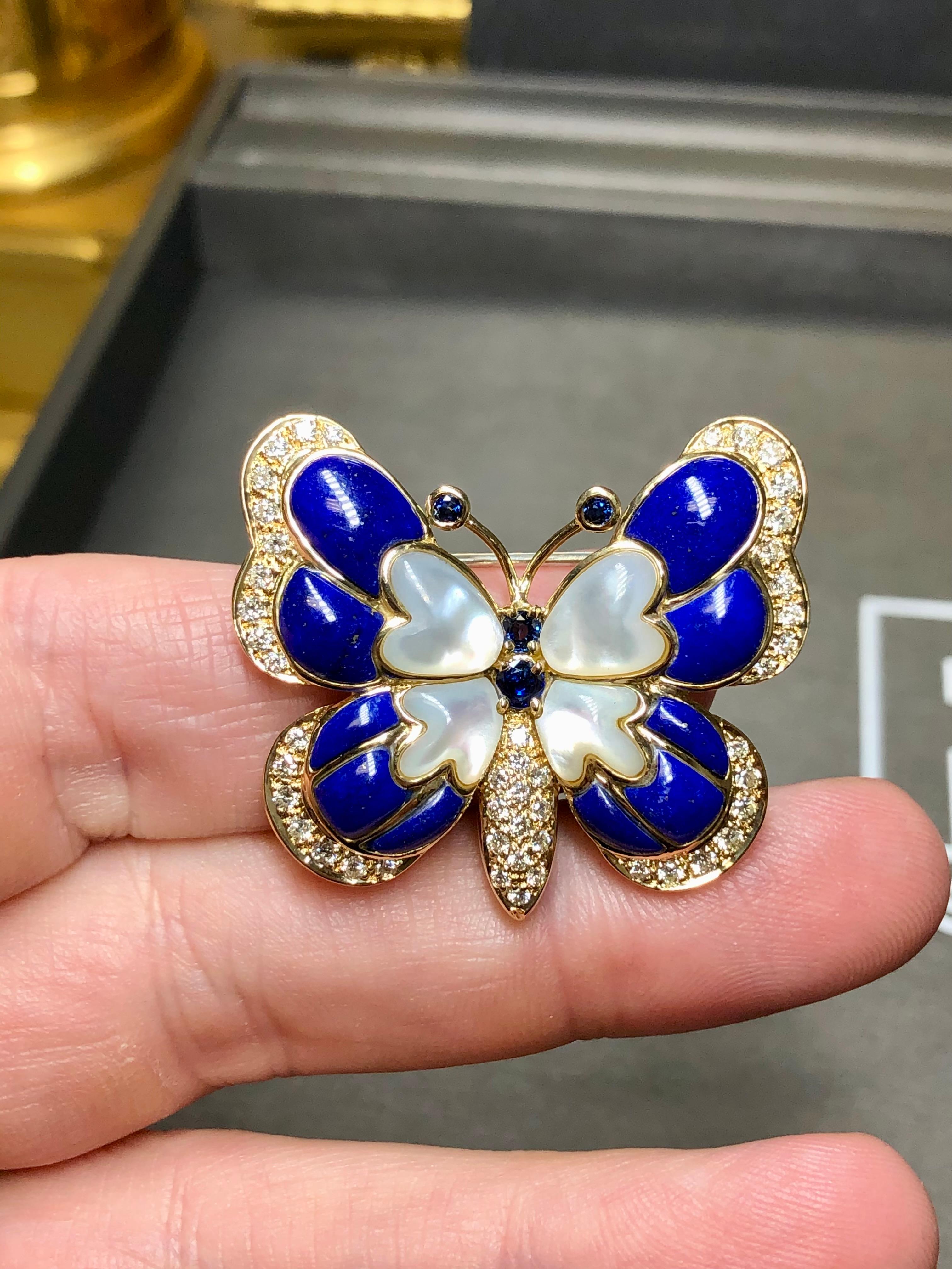 Women's or Men's Estate 18K Yellow Gold Lapis Diamond Sapphire MOP  Butterfly Brooch Pin For Sale