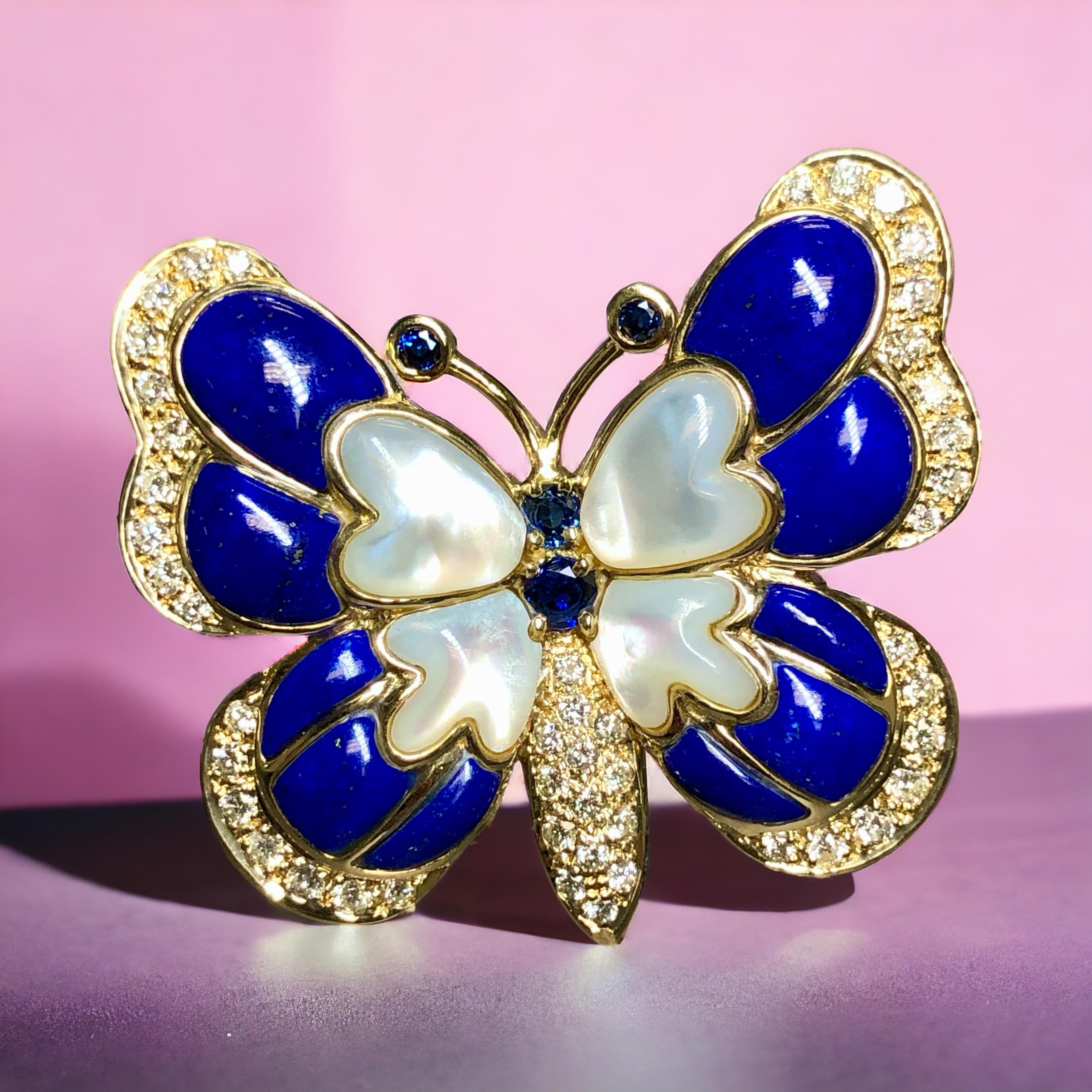 Estate 18K Yellow Gold Lapis Diamond Sapphire MOP  Butterfly Brooch Pin For Sale 2