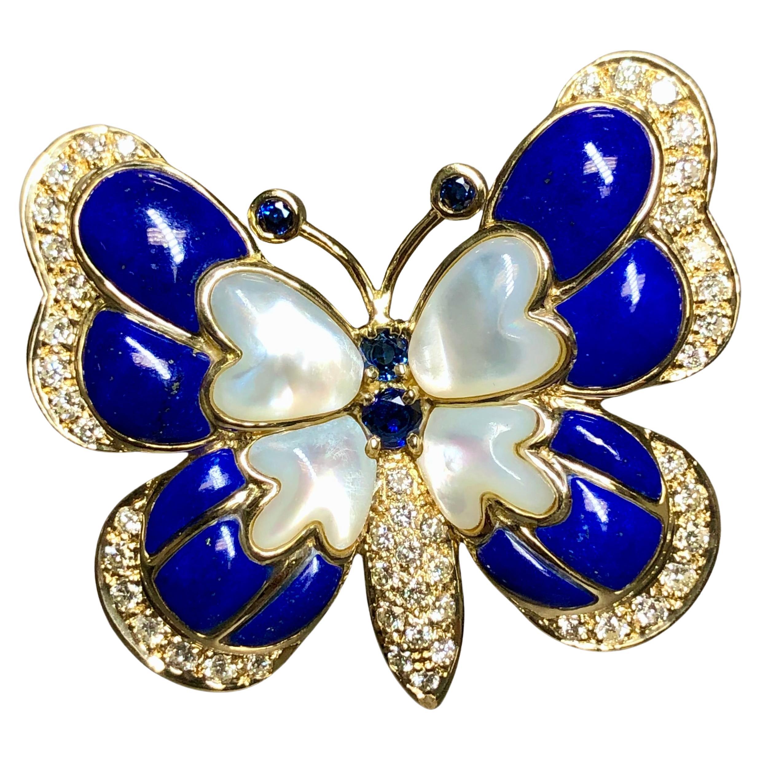 Nachlass 18K Gelbgold Lapislazuli Diamant Saphir MOP  Schmetterling Brosche Pin