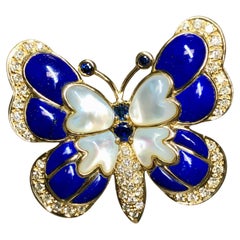 Nachlass 18K Gelbgold Lapislazuli Diamant Saphir MOP  Schmetterling Brosche Pin