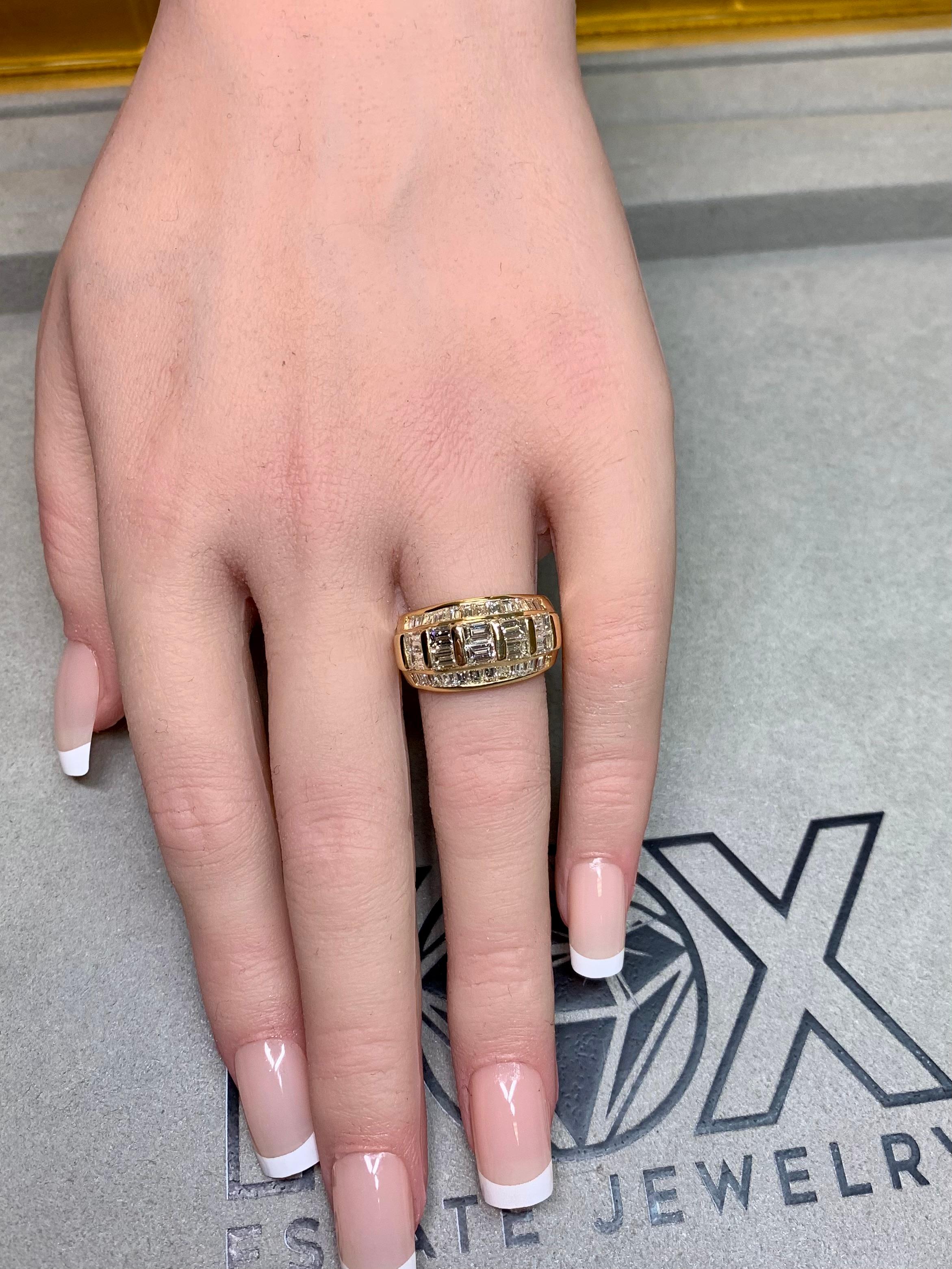 Estate 18K Yellow Gold Large Baguette Diamond Wide Band Cocktail Ring 3.44ctw For Sale 5