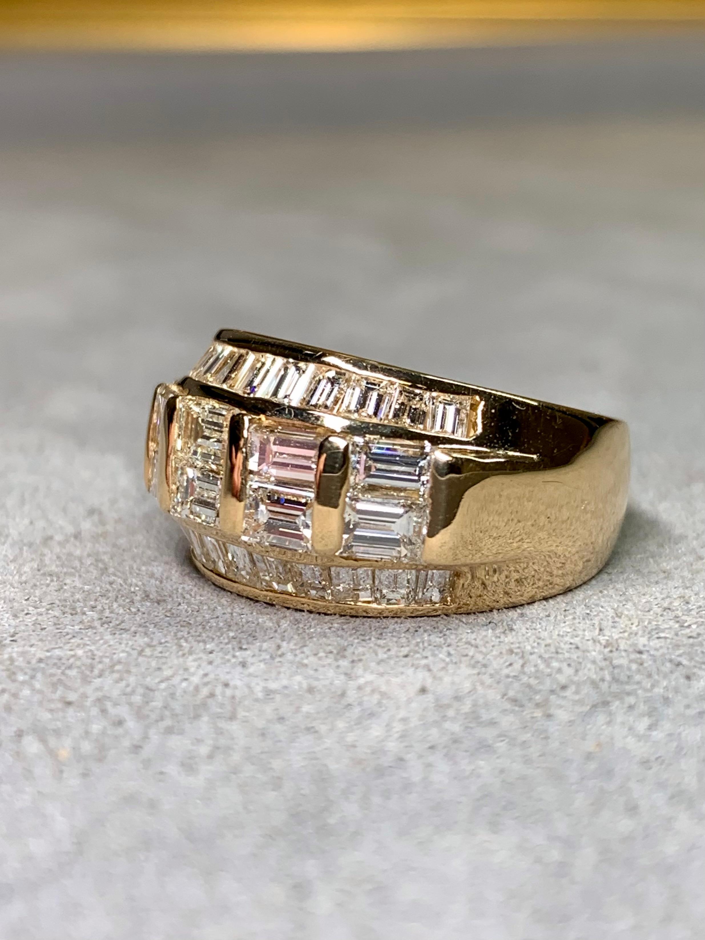 Contemporary Estate 18K Yellow Gold Large Baguette Diamond Wide Band Cocktail Ring 3.44ctw For Sale
