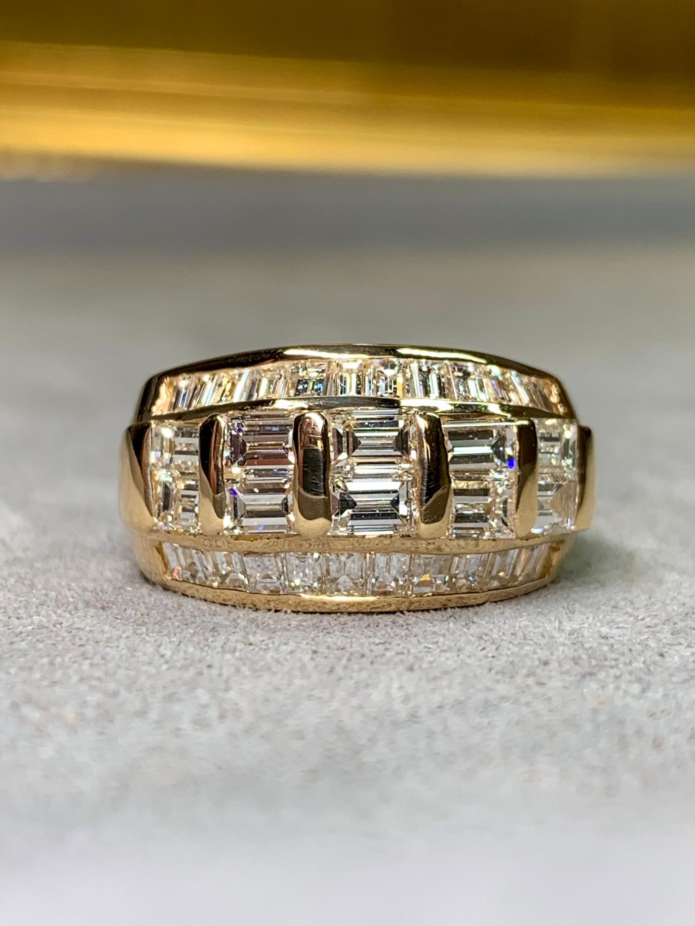 Baguette Cut Estate 18K Yellow Gold Large Baguette Diamond Wide Band Cocktail Ring 3.44ctw For Sale
