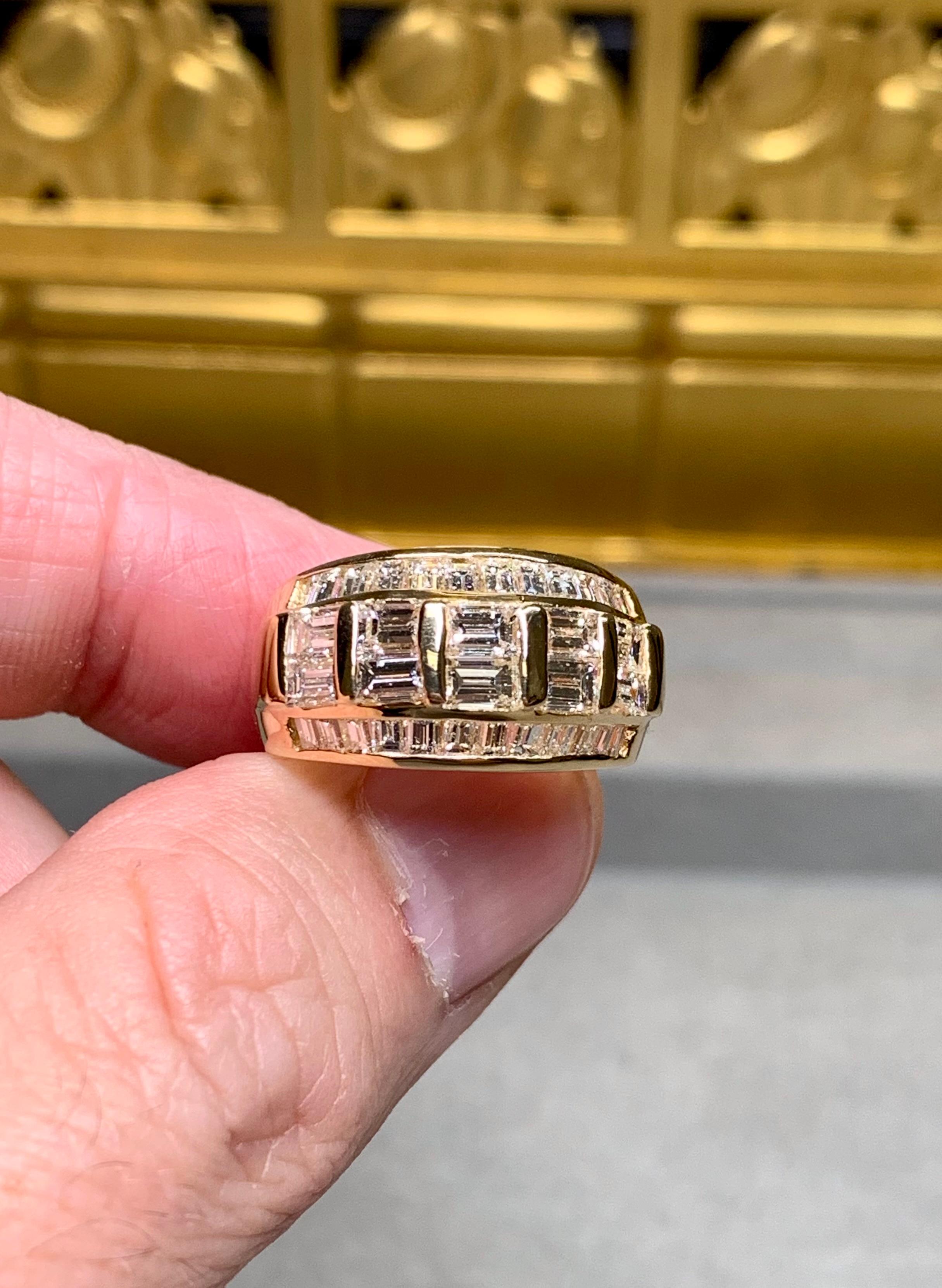 Estate 18K Yellow Gold Large Baguette Diamond Wide Band Cocktail Ring 3.44ctw In Good Condition For Sale In Winter Springs, FL