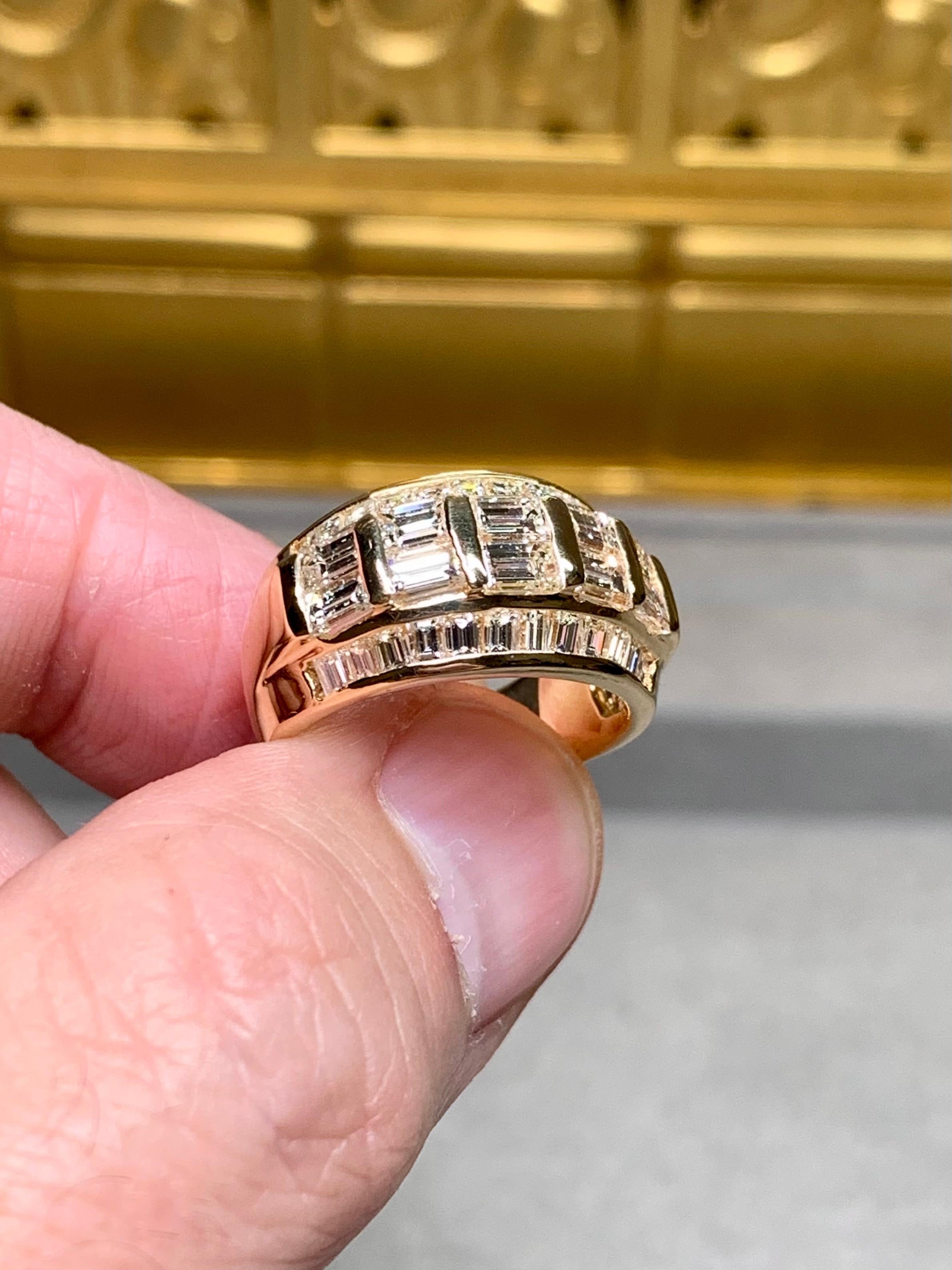 Women's or Men's Estate 18K Yellow Gold Large Baguette Diamond Wide Band Cocktail Ring 3.44ctw For Sale