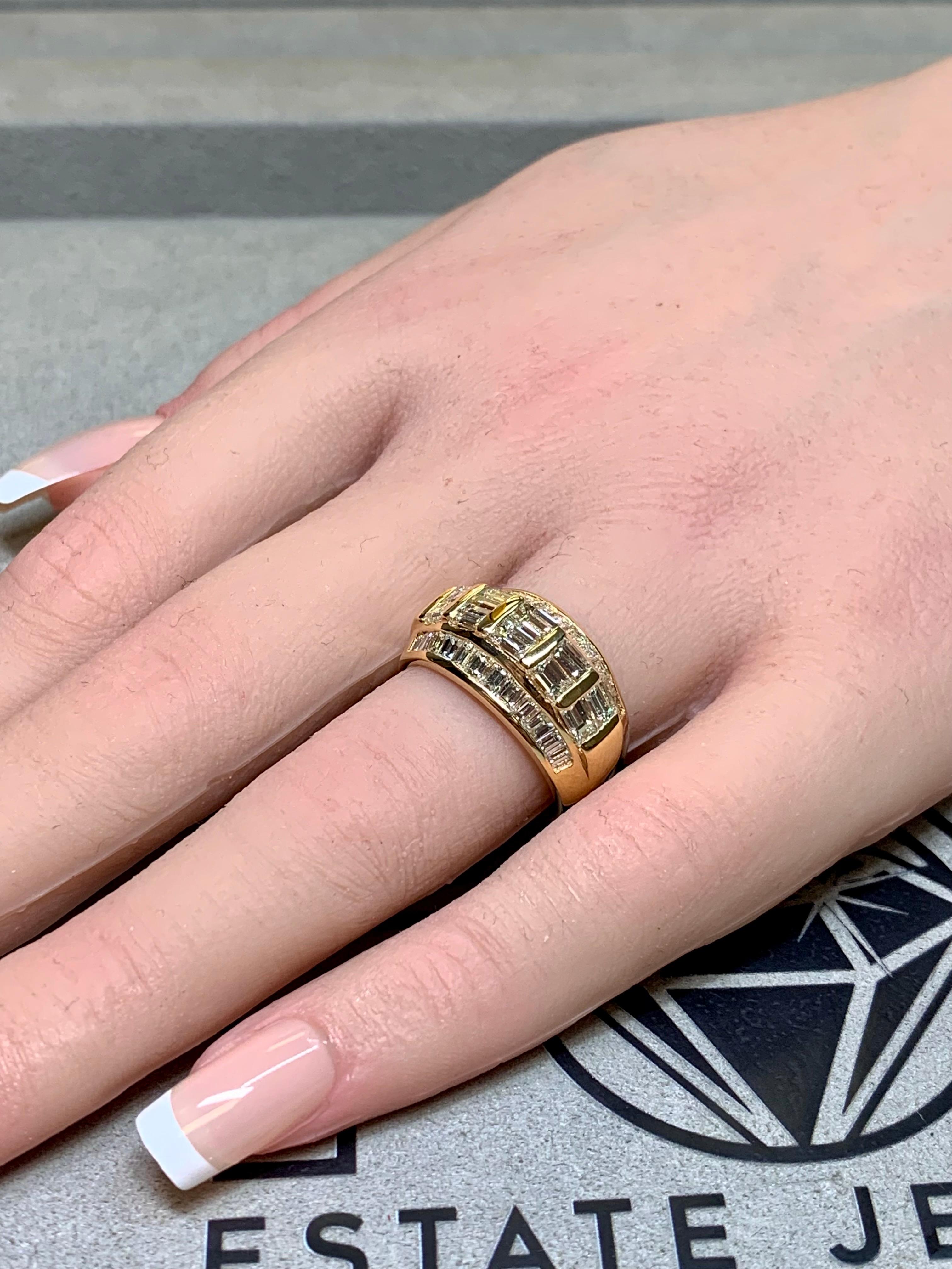 Estate 18K Yellow Gold Large Baguette Diamond Wide Band Cocktail Ring 3.44ctw For Sale 1