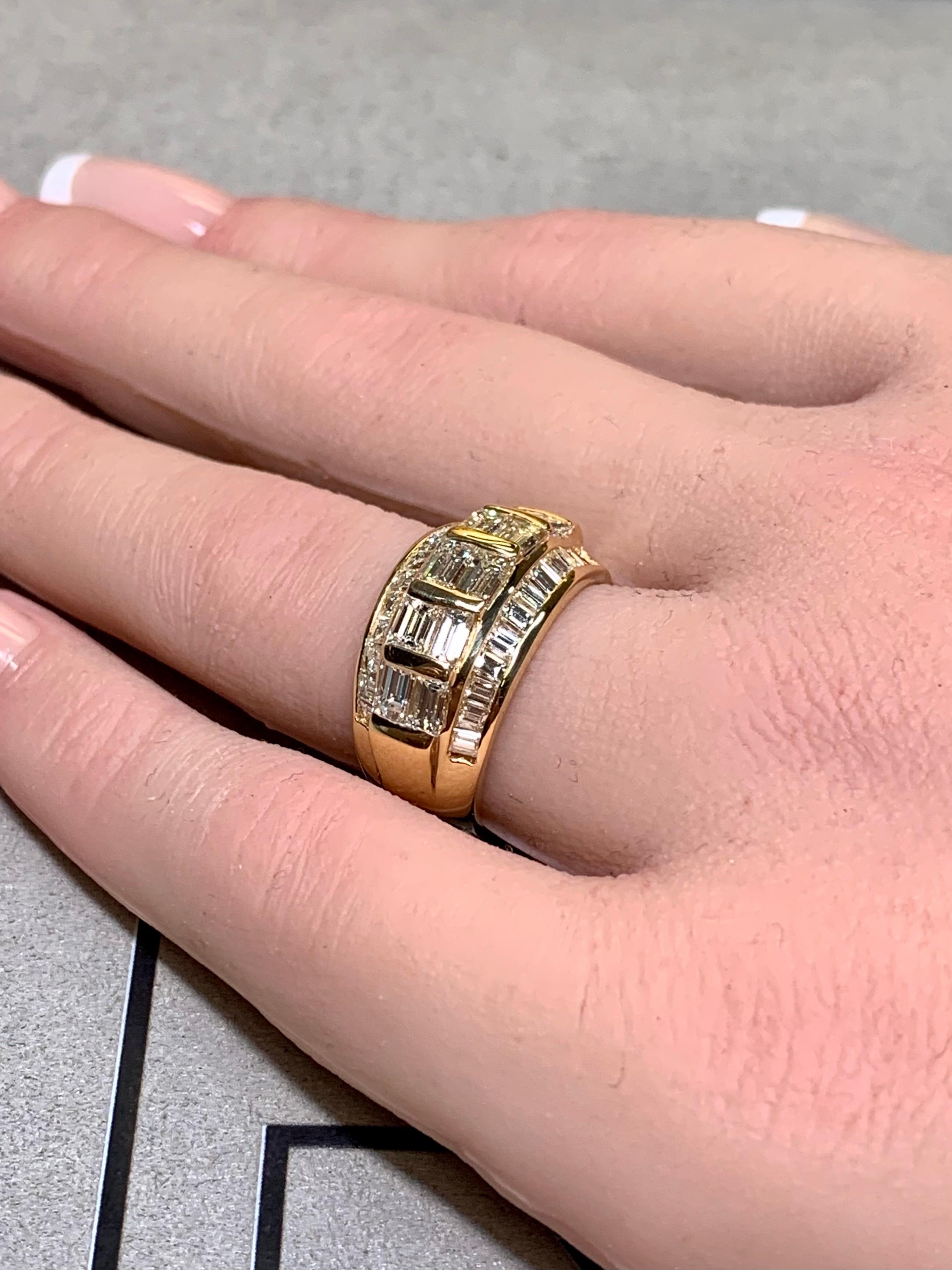 Estate 18K Yellow Gold Large Baguette Diamond Wide Band Cocktail Ring 3.44ctw For Sale 2