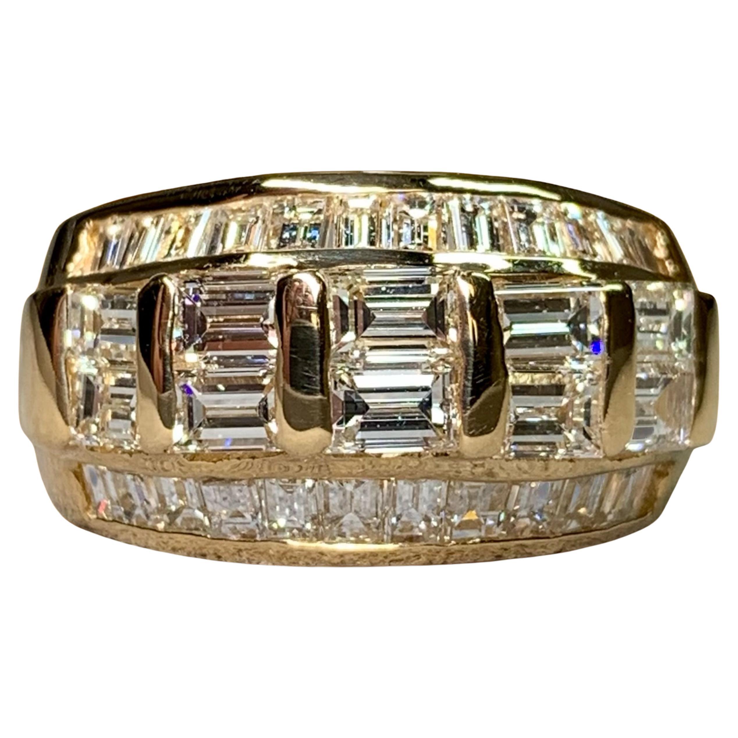 Estate 18K Yellow Gold Large Baguette Diamond Wide Band Cocktail Ring 3.44ctw For Sale